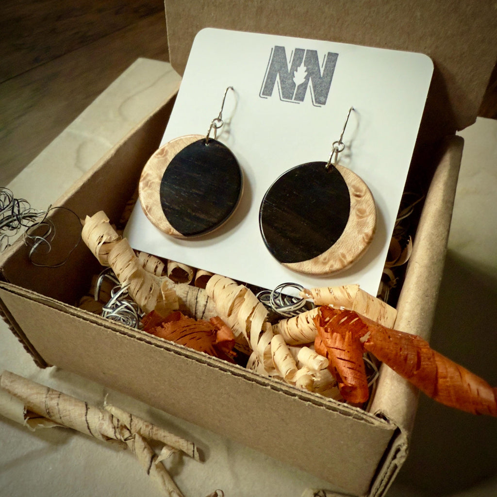 Macassar Ebony & Maple Moon Inlay Earrings: Lutherie Inspired Wood Jewelry