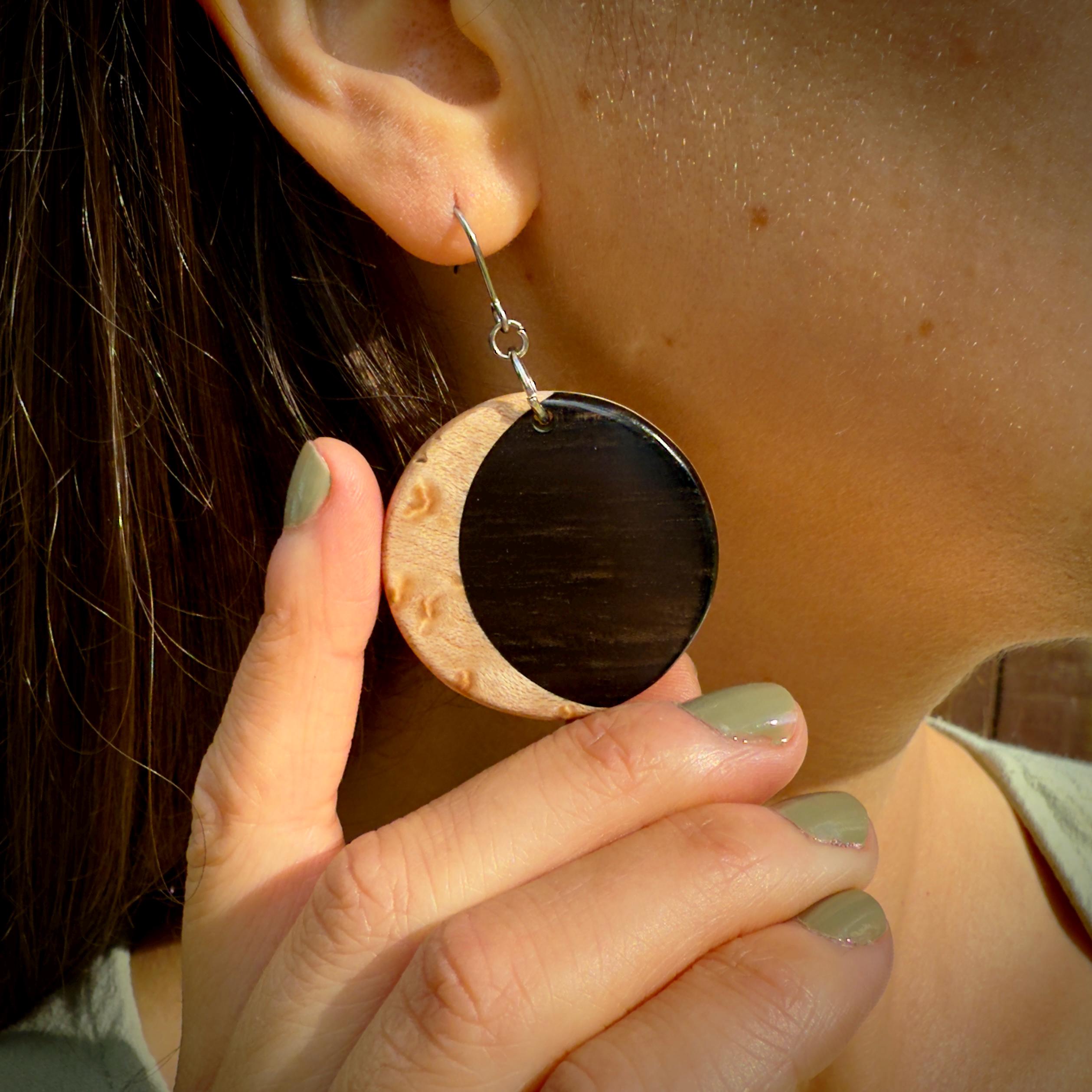 Macassar Ebony & Maple Moon Inlay Earrings: Lutherie Inspired Wood Jewelry