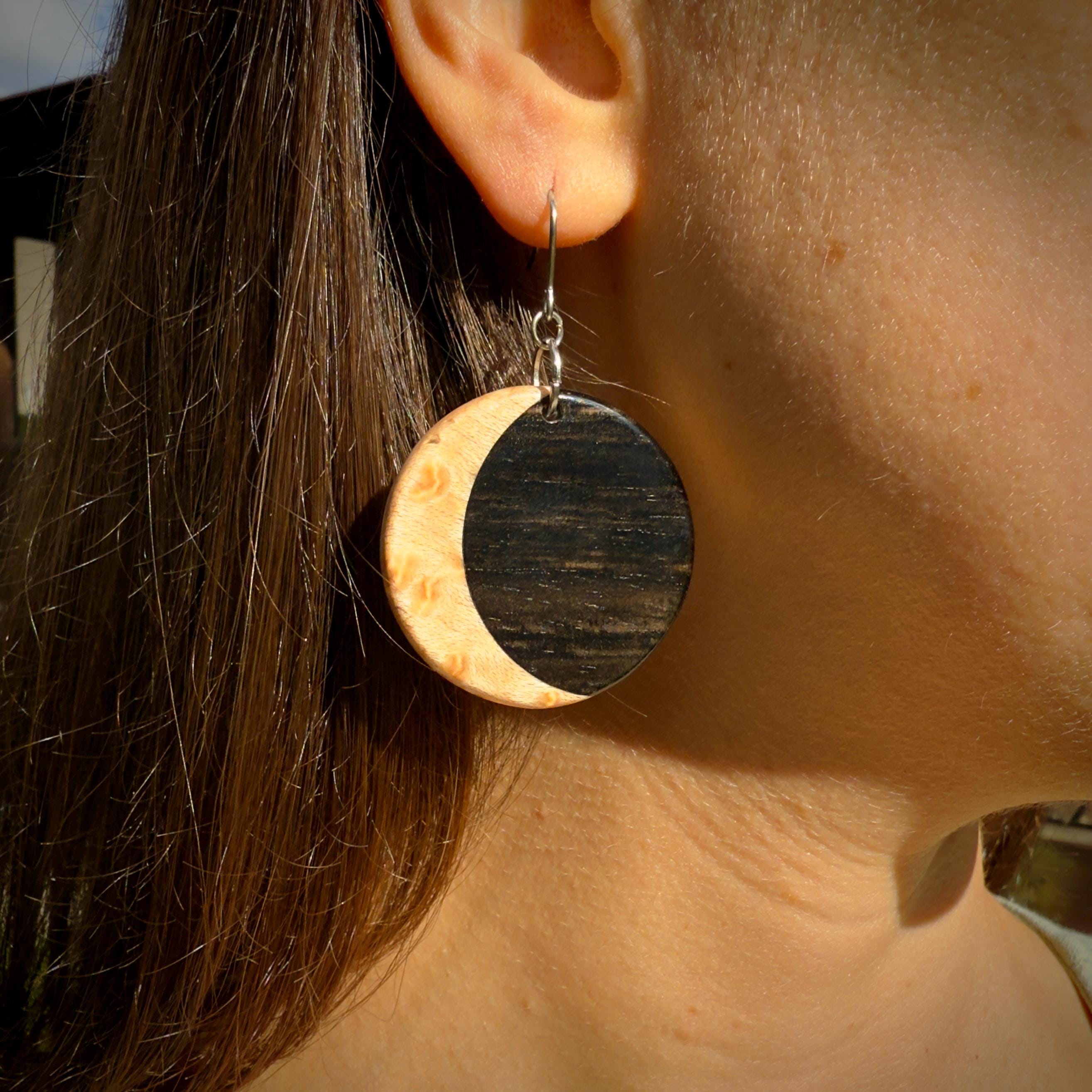 Macassar Ebony & Maple Moon Inlay Earrings: Lutherie Inspired Wood Jewelry