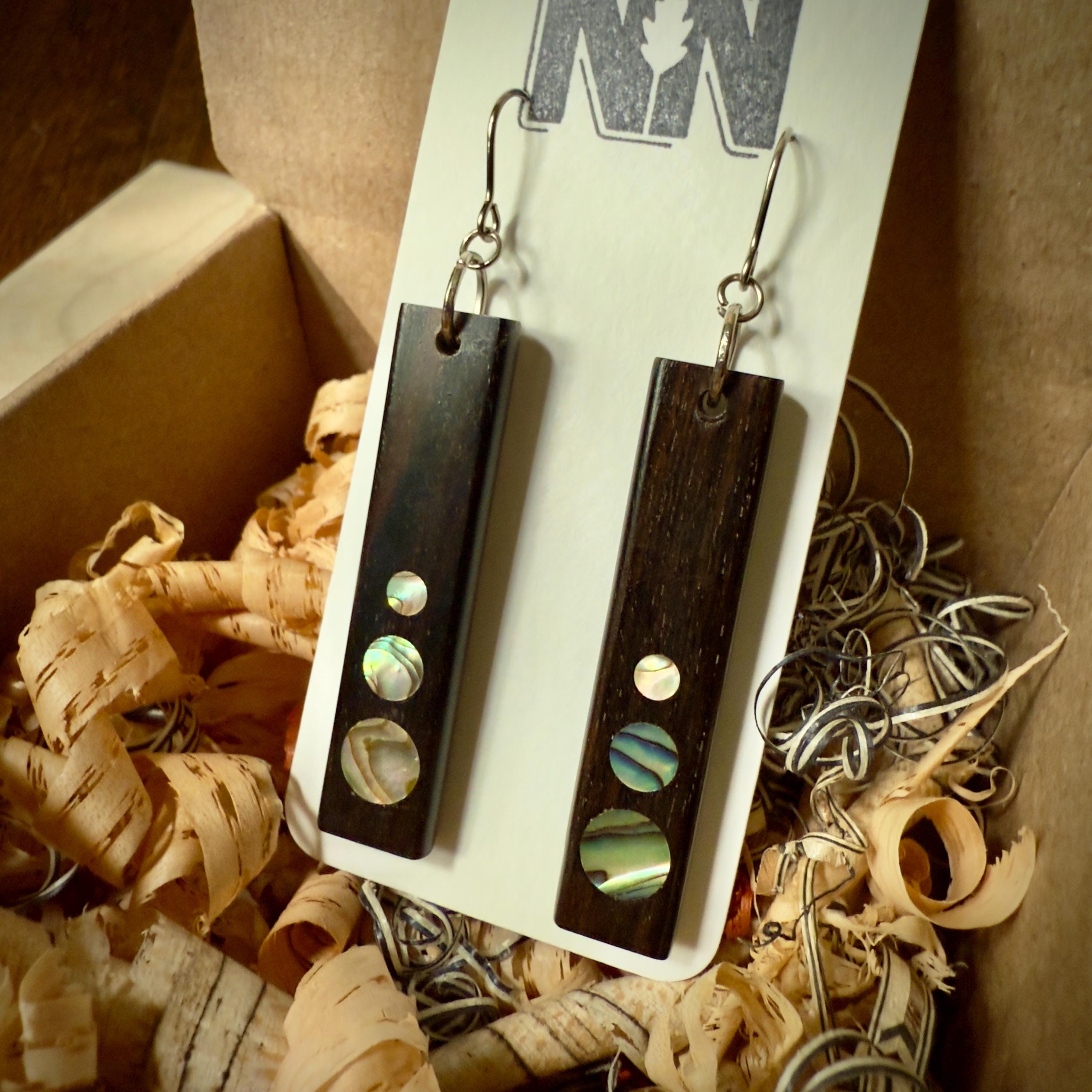 Macassar Ebony Earrings: Handmade Abalone Inlay, Surgical Steel