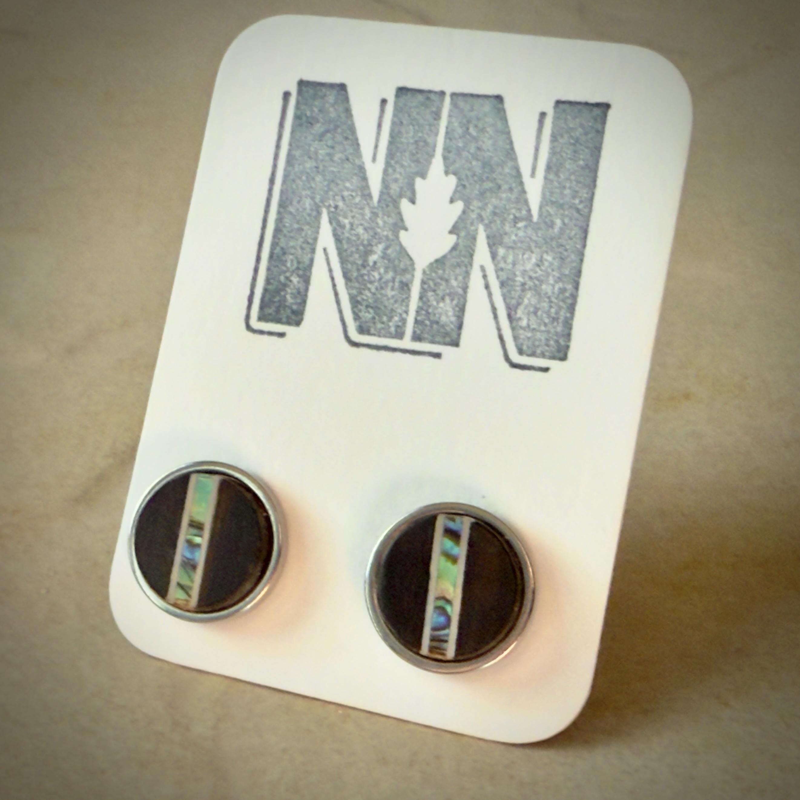 Handmade Ebony Earrings: Abalone Inlay, Wood Circle Studs