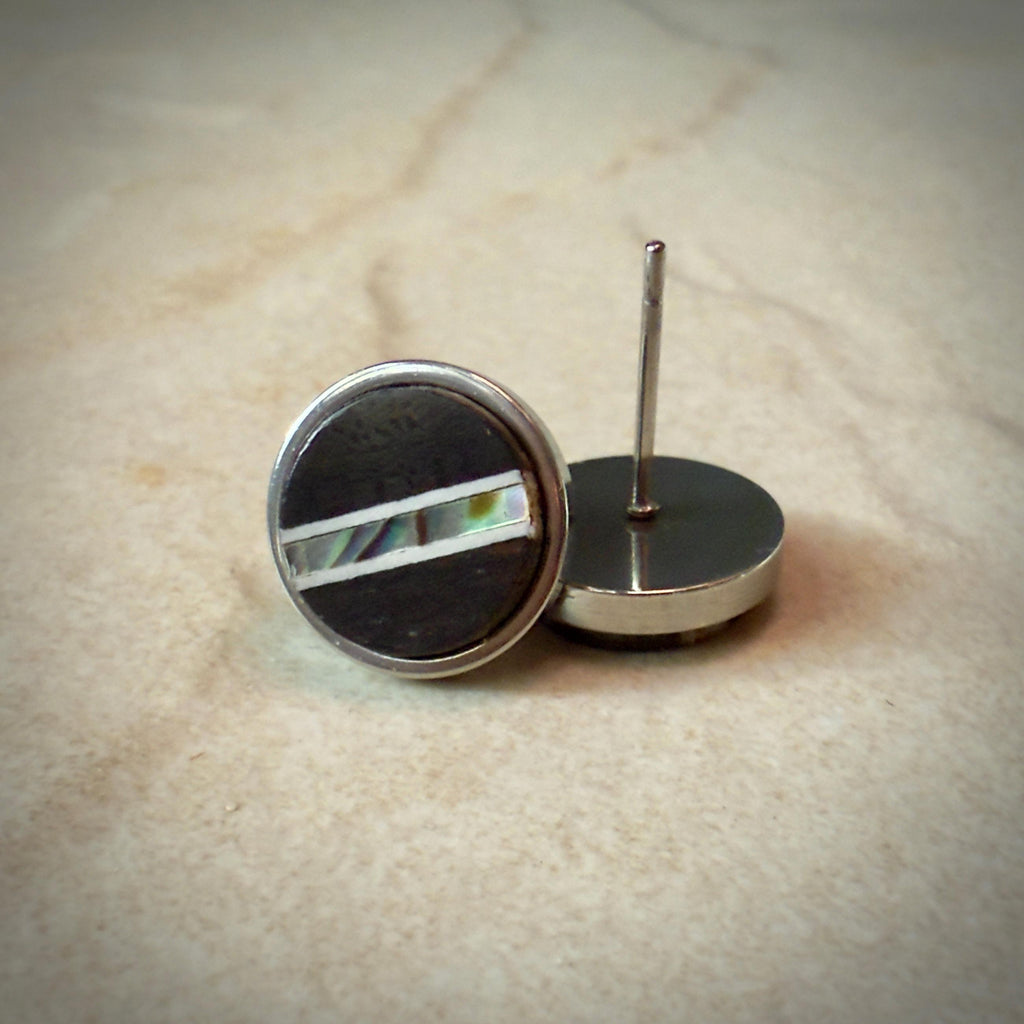 Handmade Ebony Earrings: Abalone Inlay, Wood Circle Studs