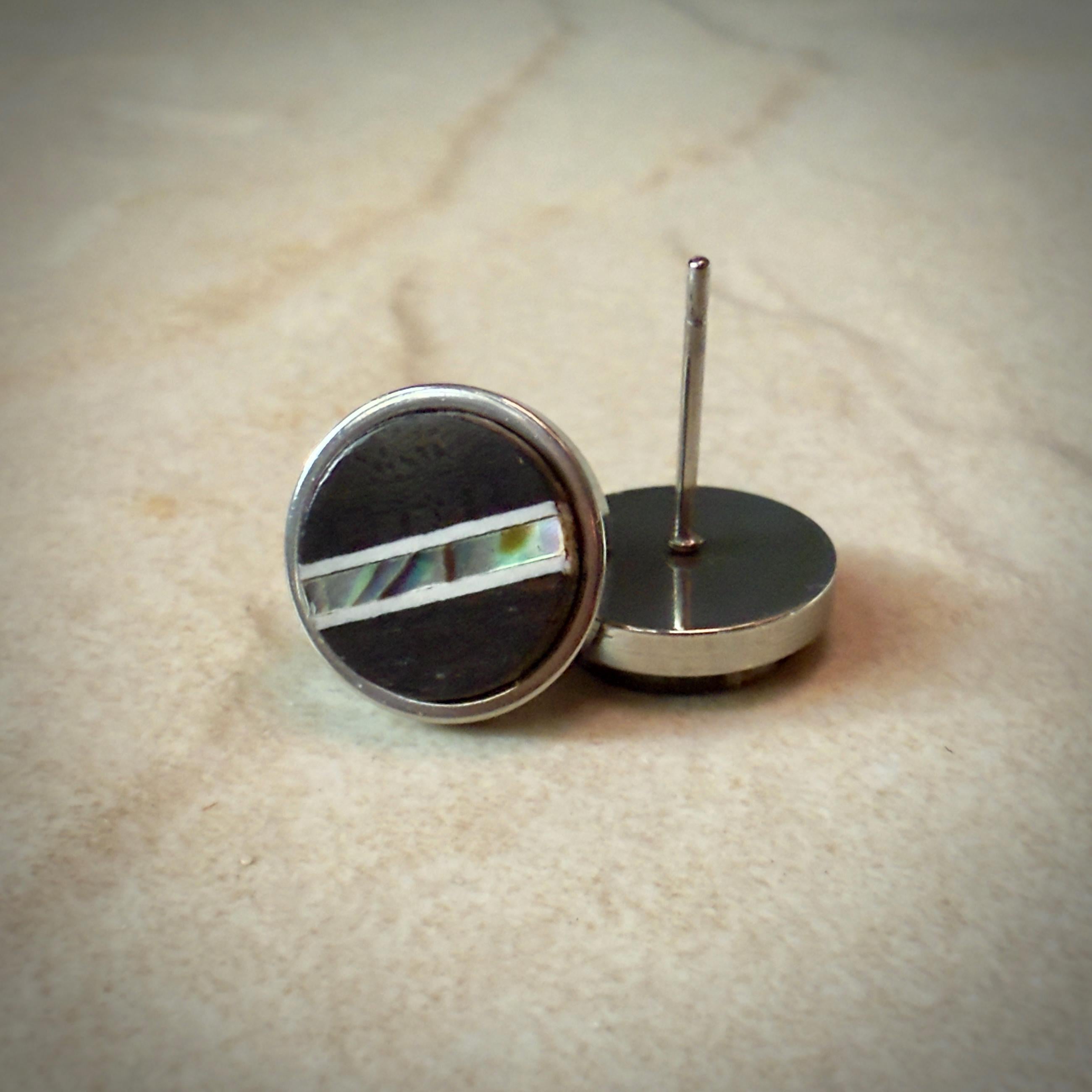 Handmade Ebony Earrings: Abalone Inlay, Wood Circle Studs