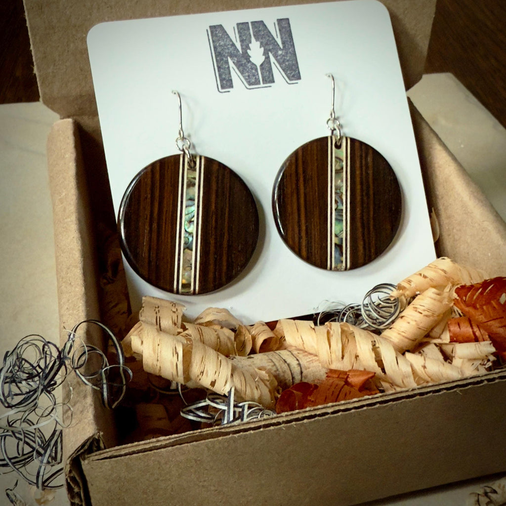 Handmade Ebony Earrings: Abalone Inlay, Wood Circle Dangles