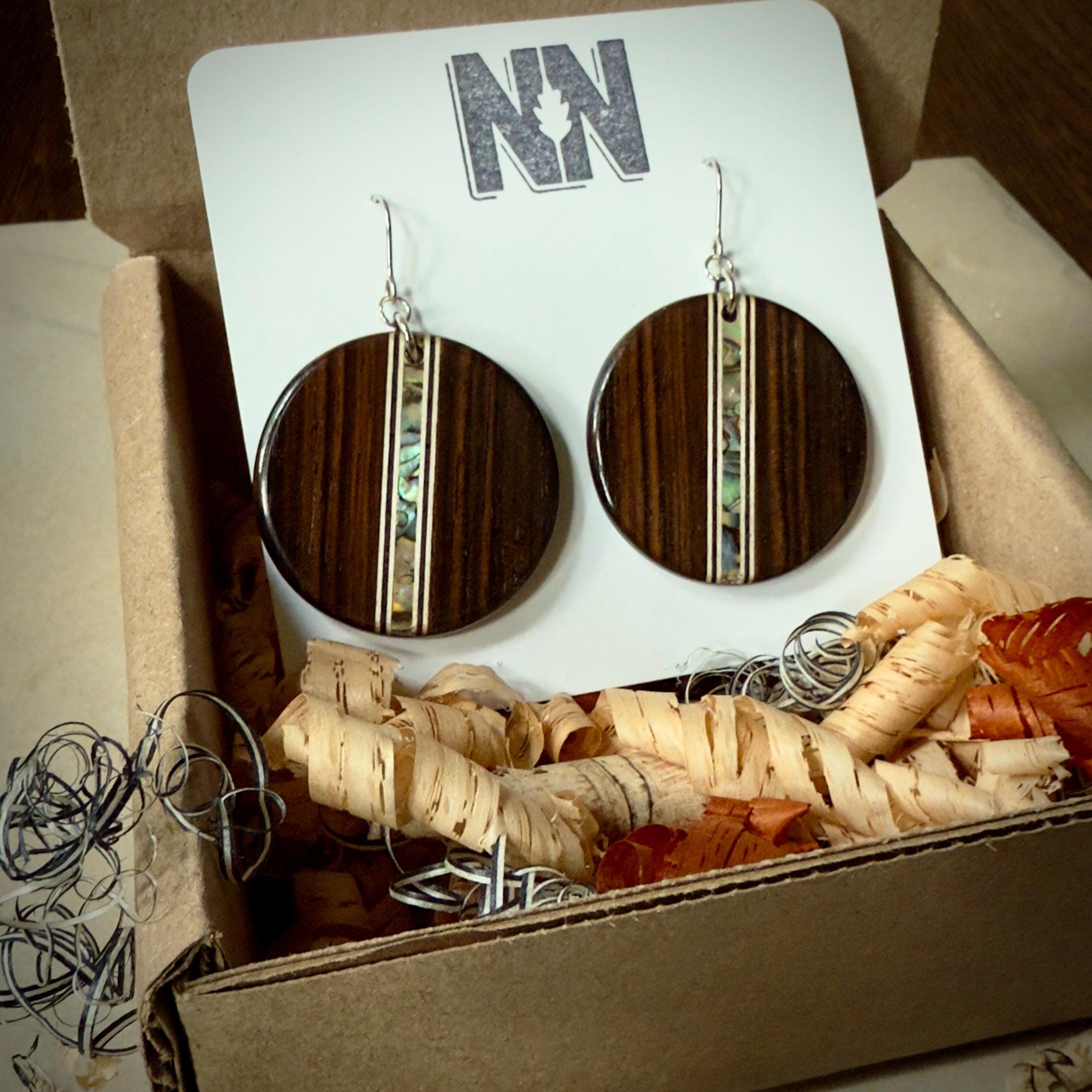 Handmade Ebony Earrings: Abalone Inlay, Wood Circle Dangles