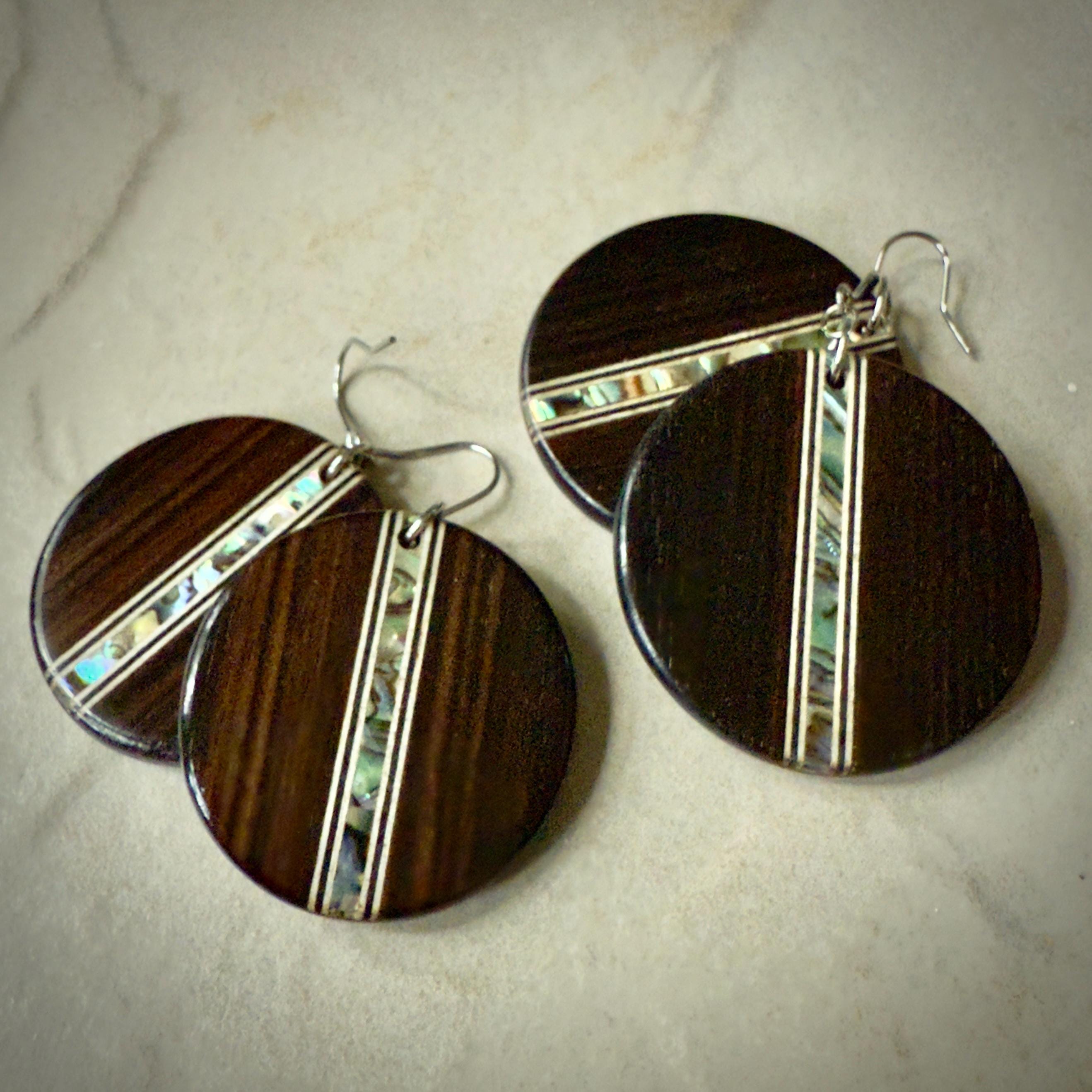 Handmade Ebony Earrings: Abalone Inlay, Wood Circle Dangles