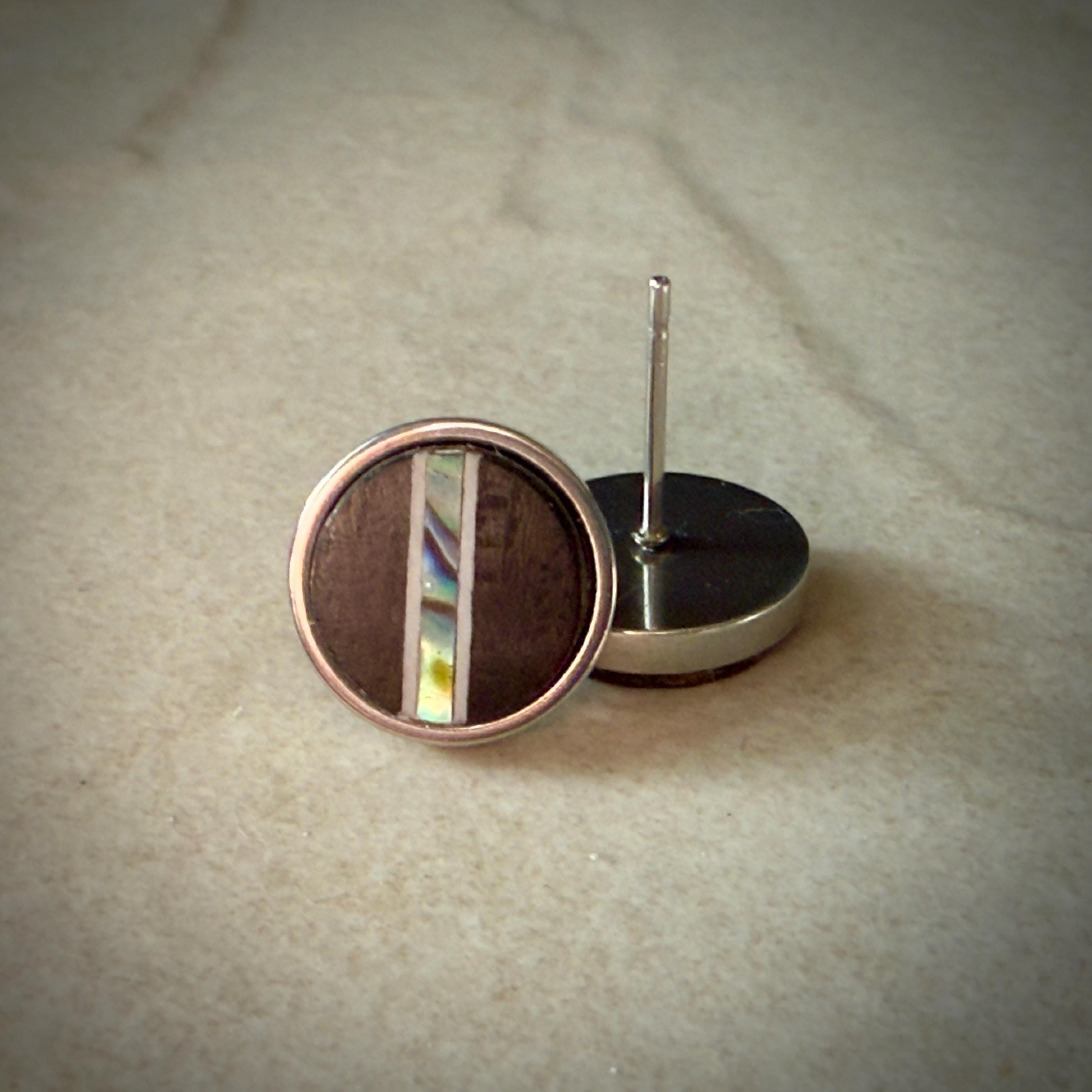 Handmade Ebony Earrings: Abalone Inlay, Wood Circle Studs