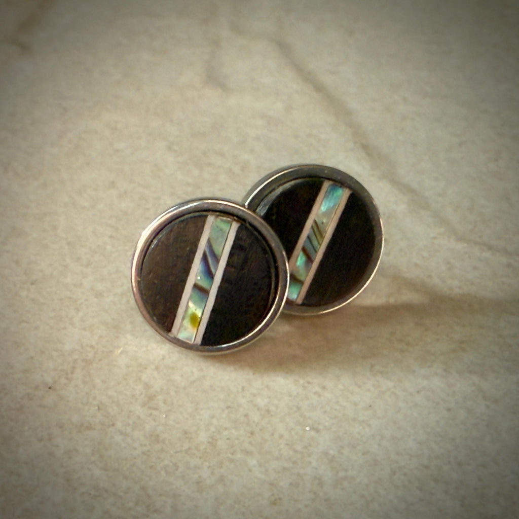 Handmade Ebony Earrings: Abalone Inlay, Wood Circle Studs