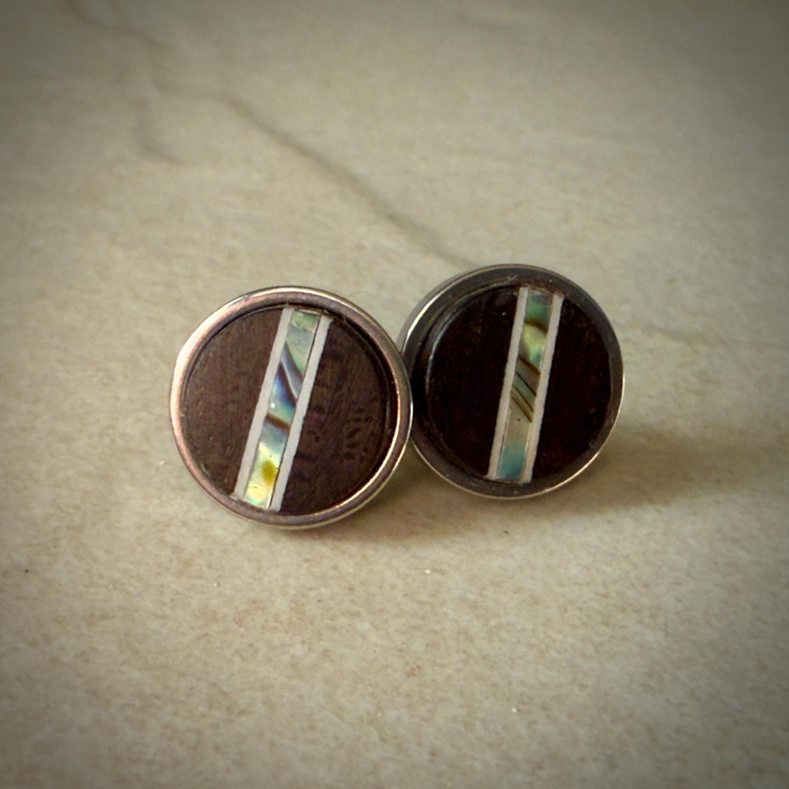 Handmade Ebony Earrings: Abalone Inlay, Wood Circle Studs