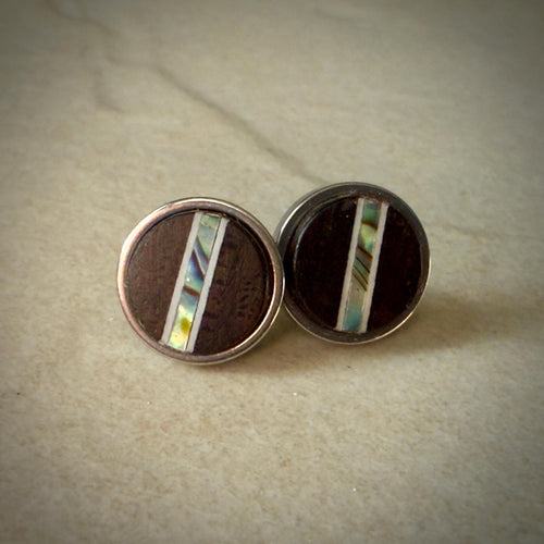Handmade Ebony Earrings: Abalone Inlay, Wood Circle Studs