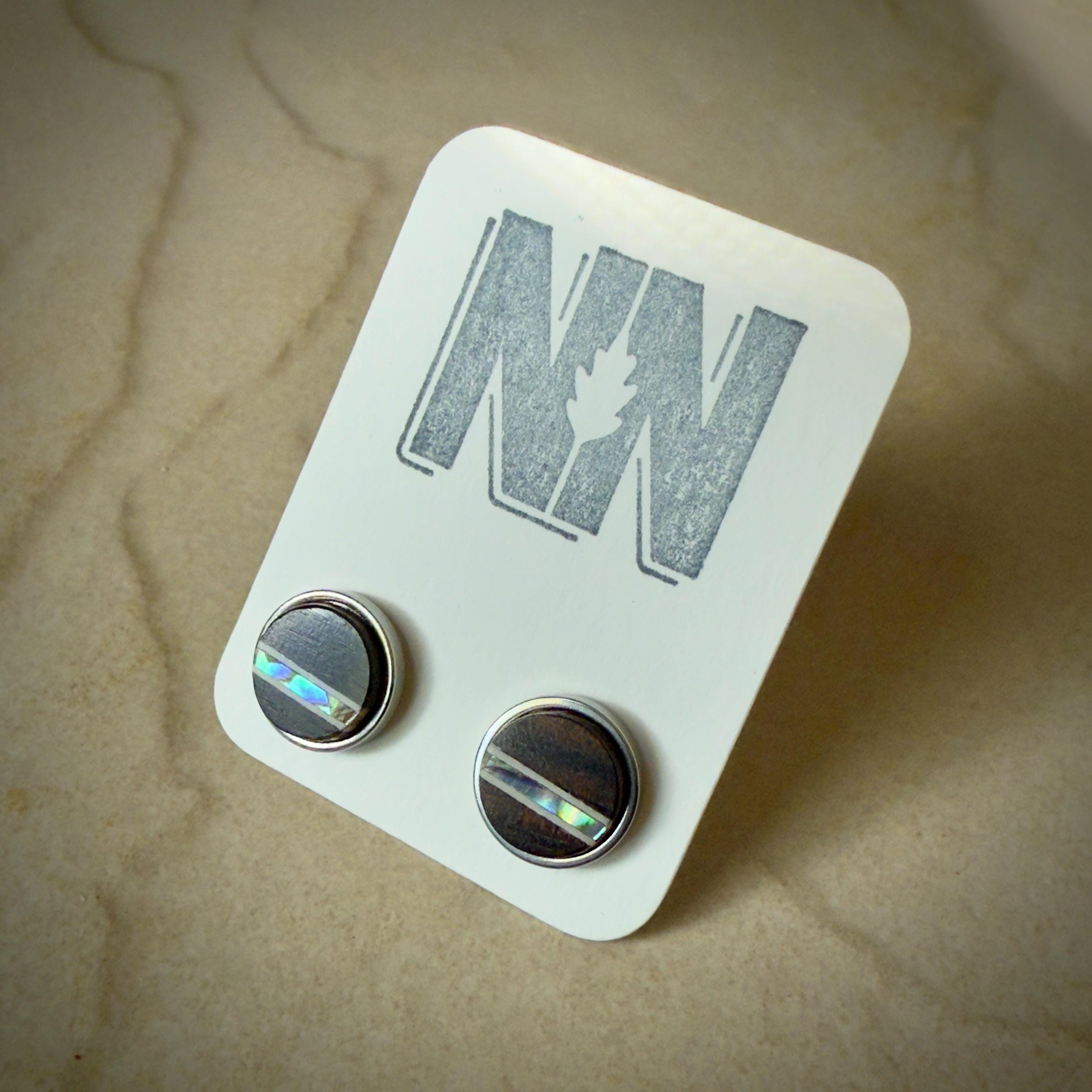 Handmade Ebony Earrings: Abalone Inlay, Wood Circle Studs