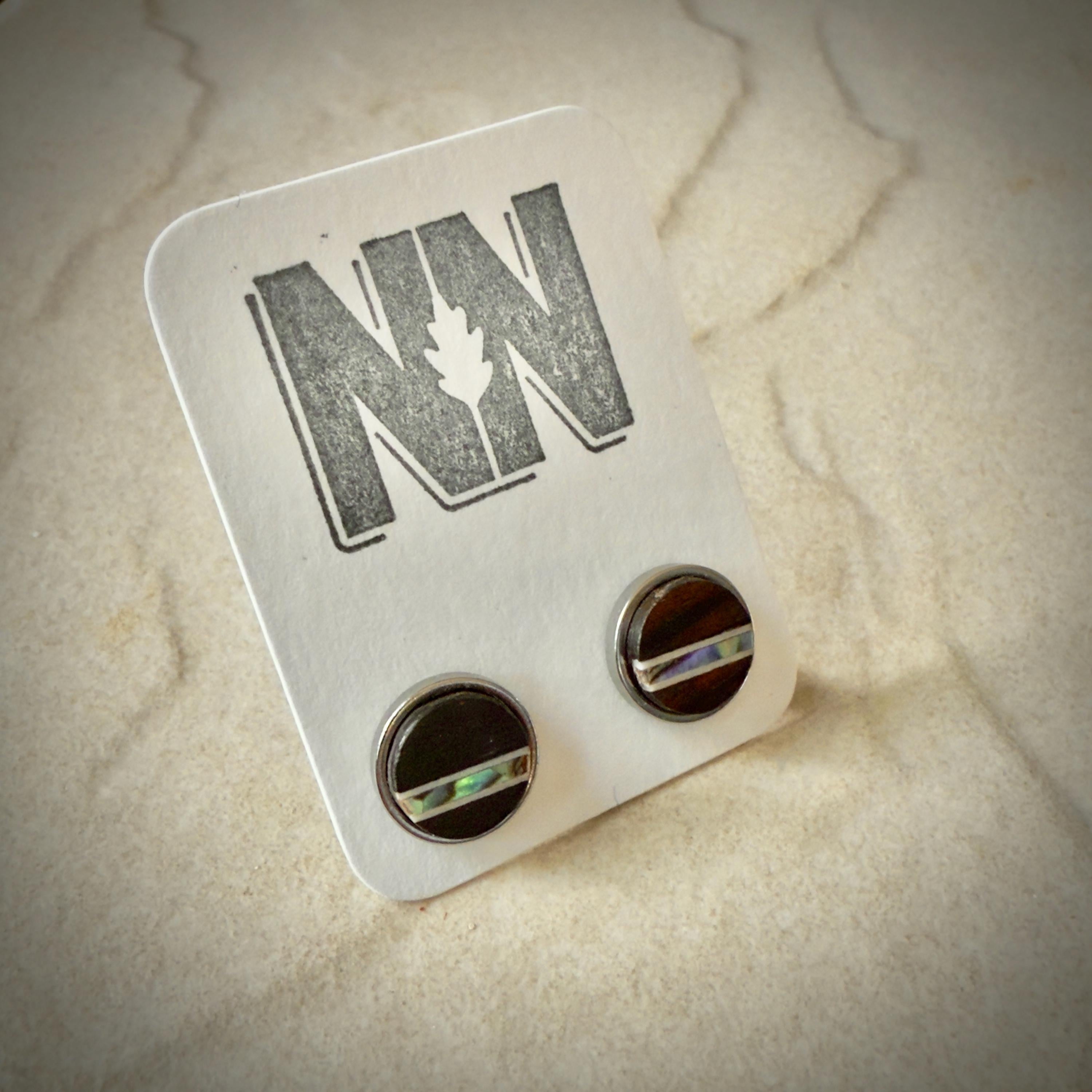 Handmade Ebony Earrings: Abalone Inlay, Wood Circle Studs