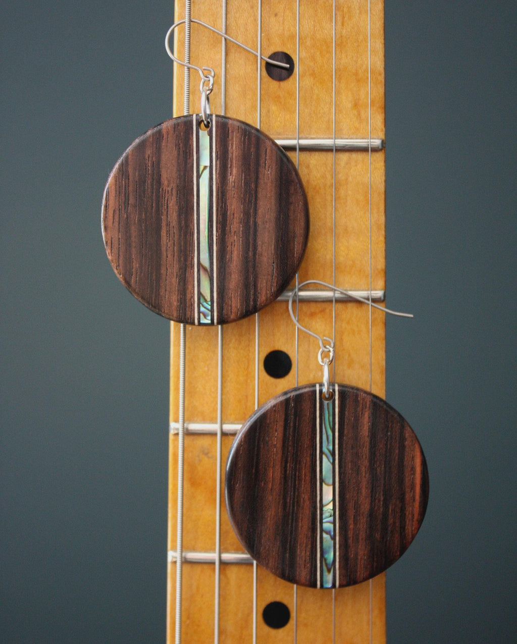 Handmade Ebony Earrings: Abalone Inlay, Wood Circle Dangles
