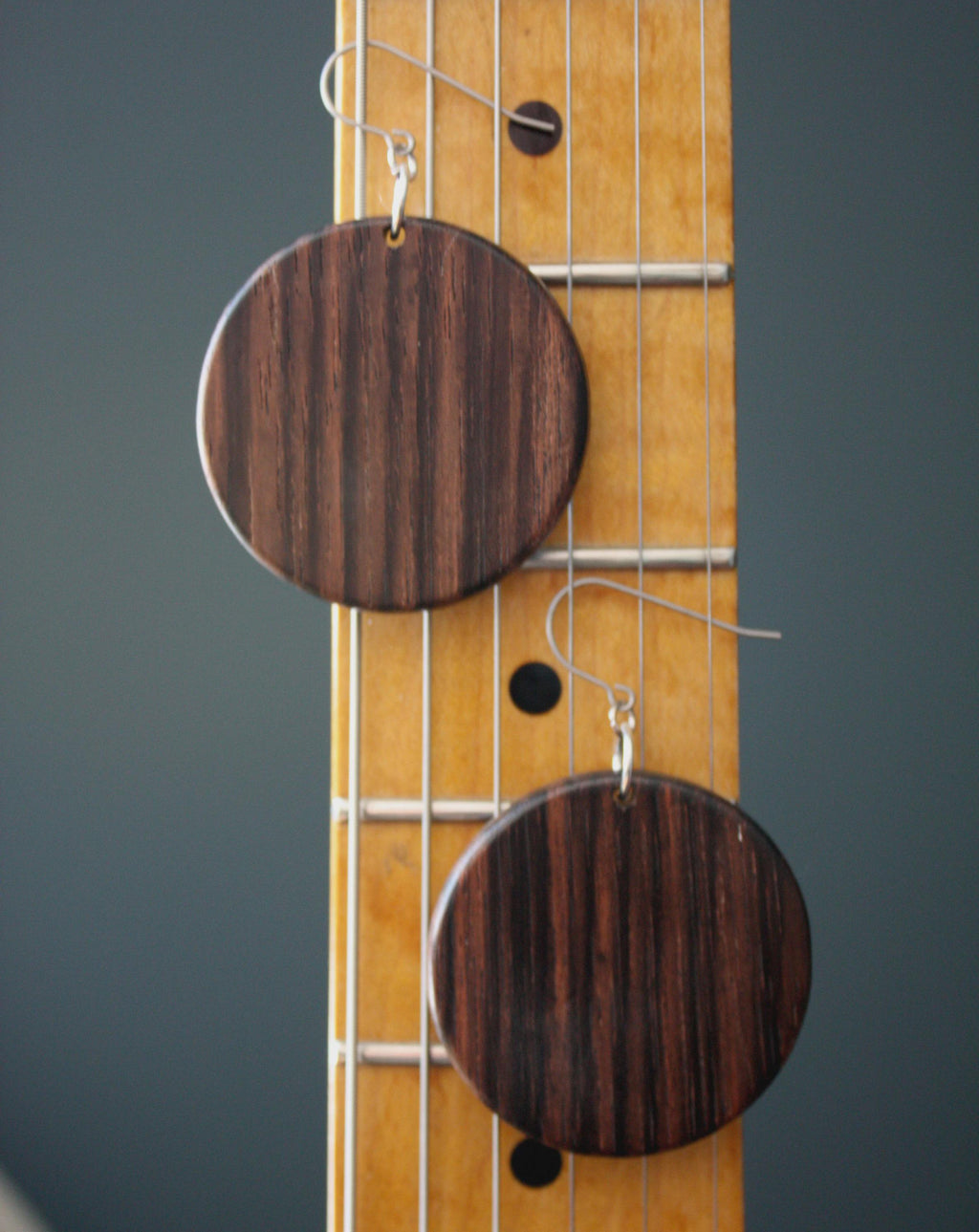 Handmade Ebony Earrings: Abalone Inlay, Wood Circle Dangles