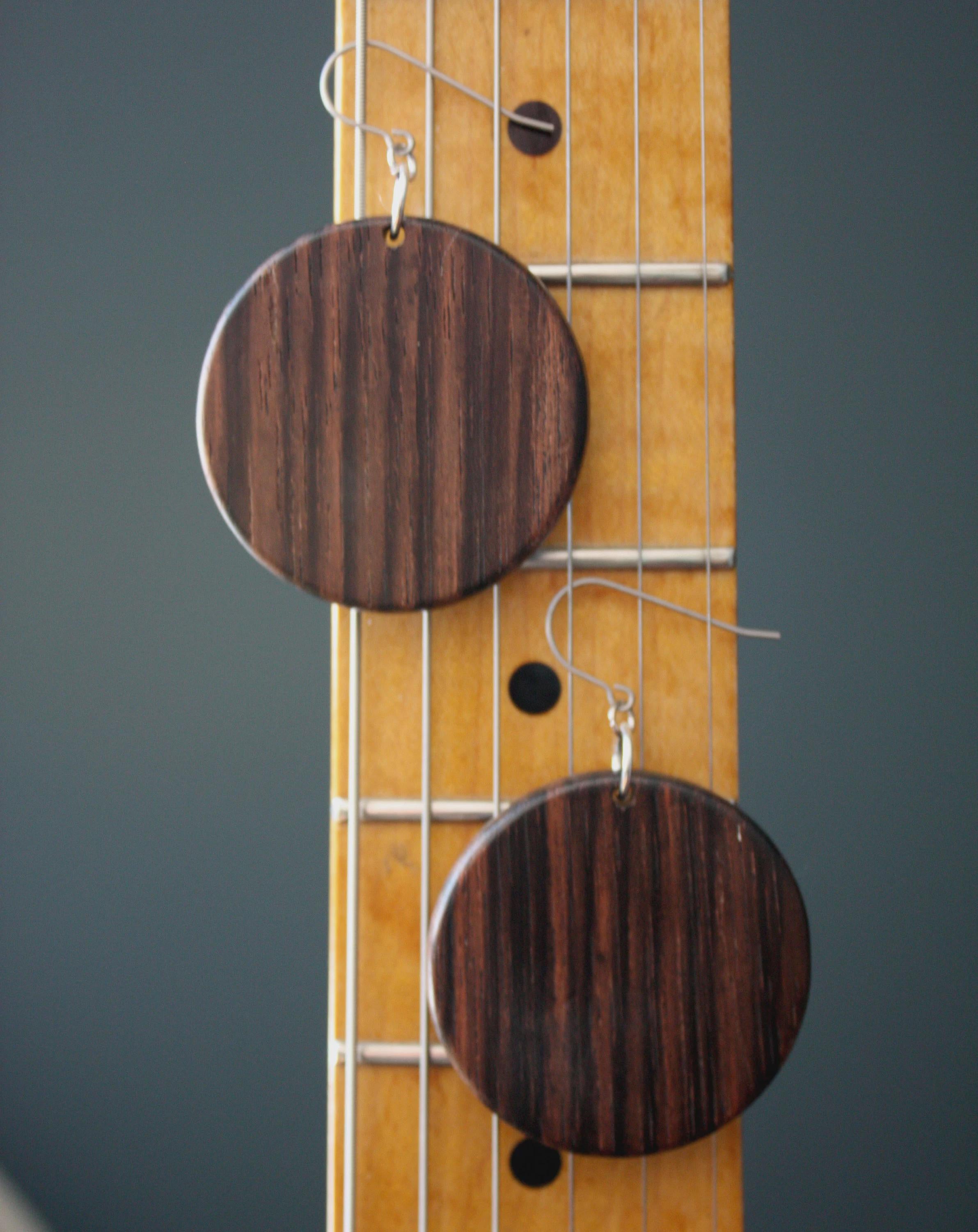 Handmade Ebony Earrings: Abalone Inlay, Wood Circle Dangles