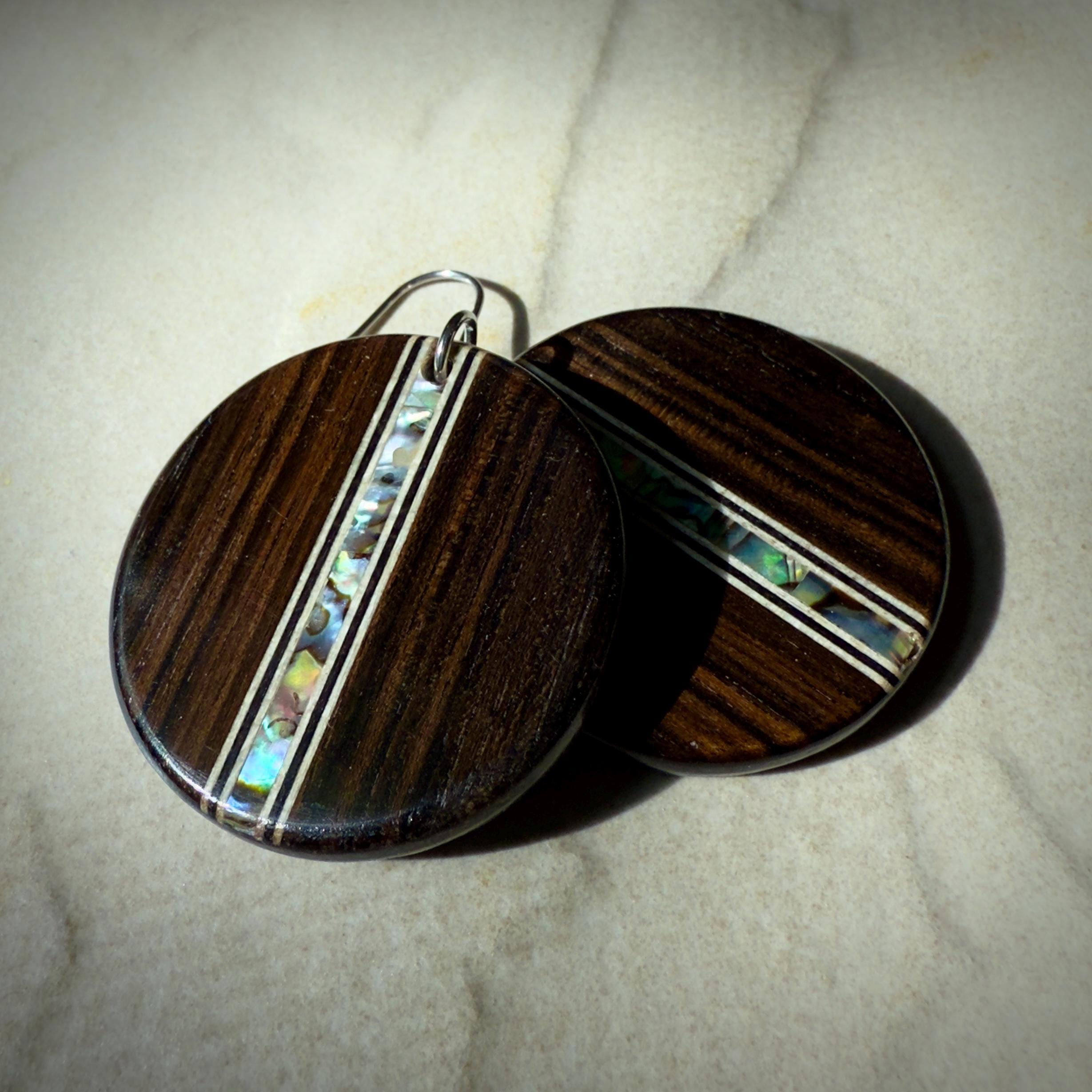 Handmade Ebony Earrings: Abalone Inlay, Wood Circle Dangles