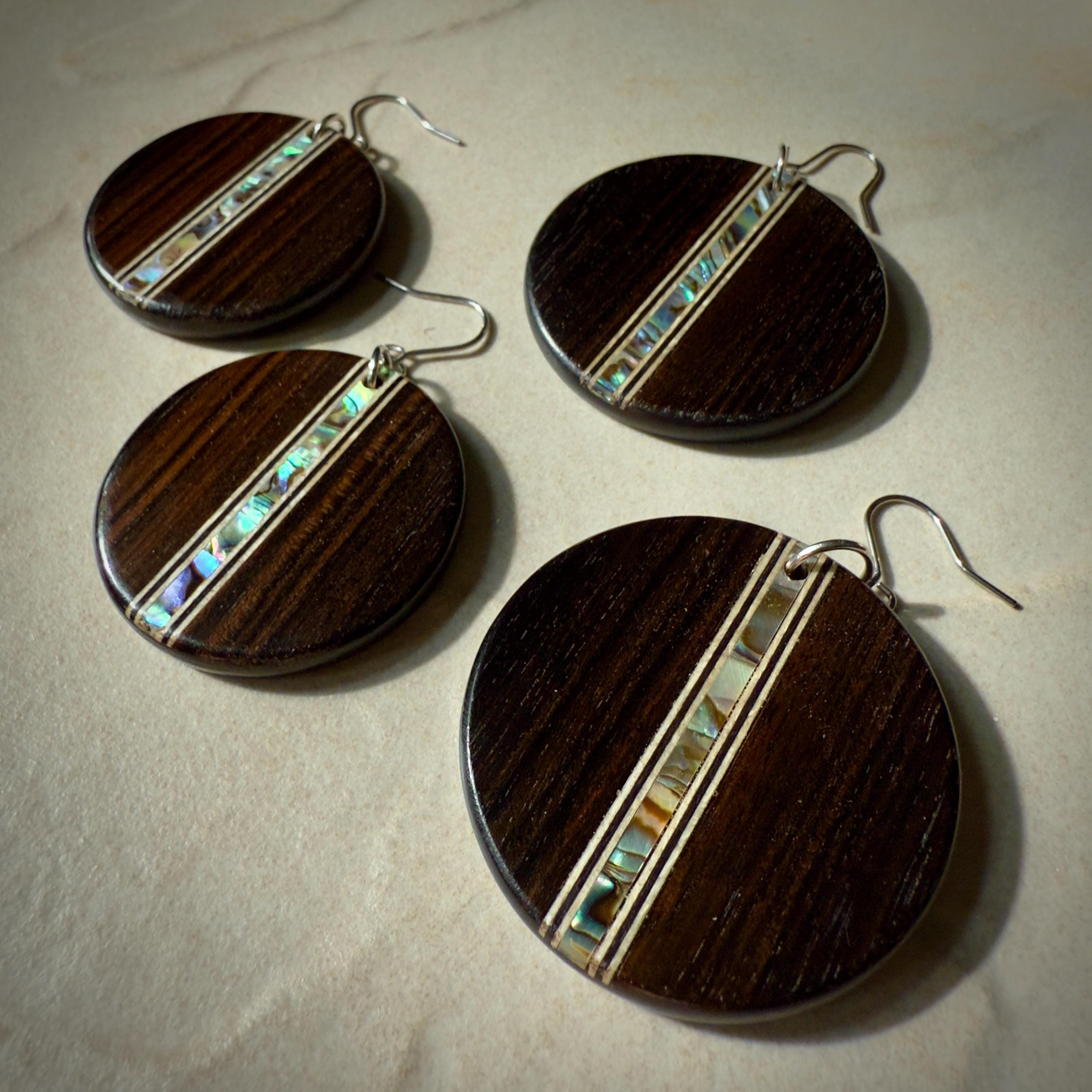 Handmade Ebony Earrings: Abalone Inlay, Wood Circle Dangles