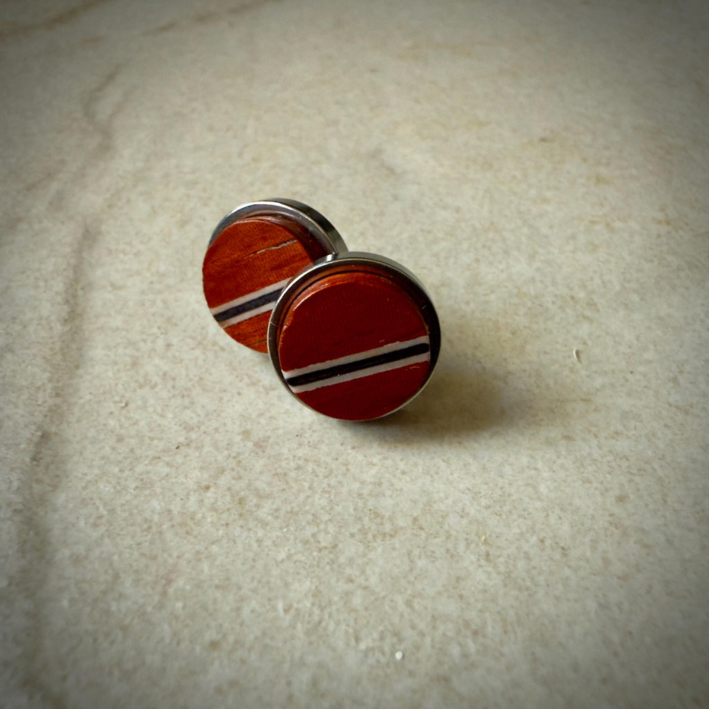Handmade Padauk Earrings: wood Inlay, Wood Circle Studs