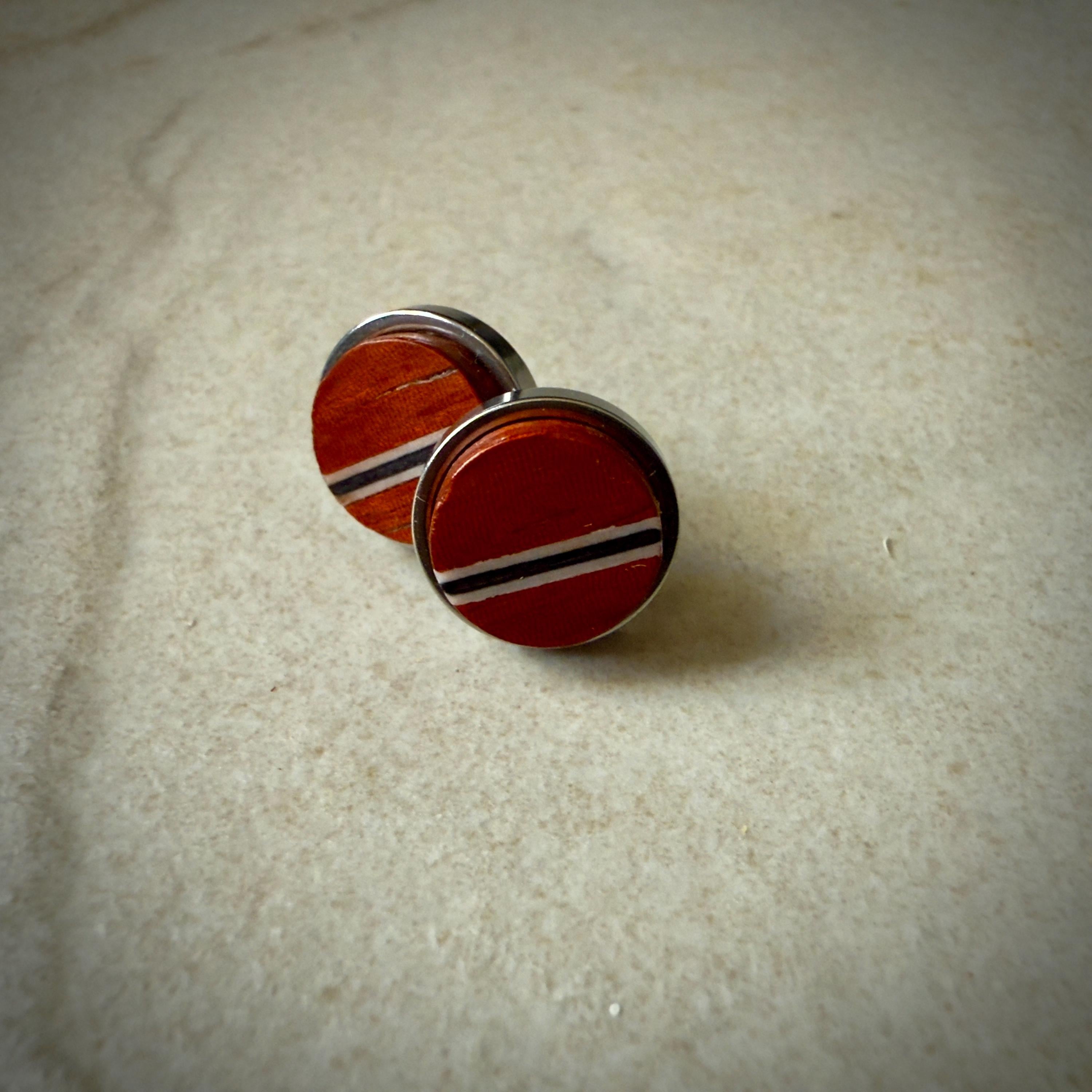 Handmade Padauk Earrings: wood Inlay, Wood Circle Studs