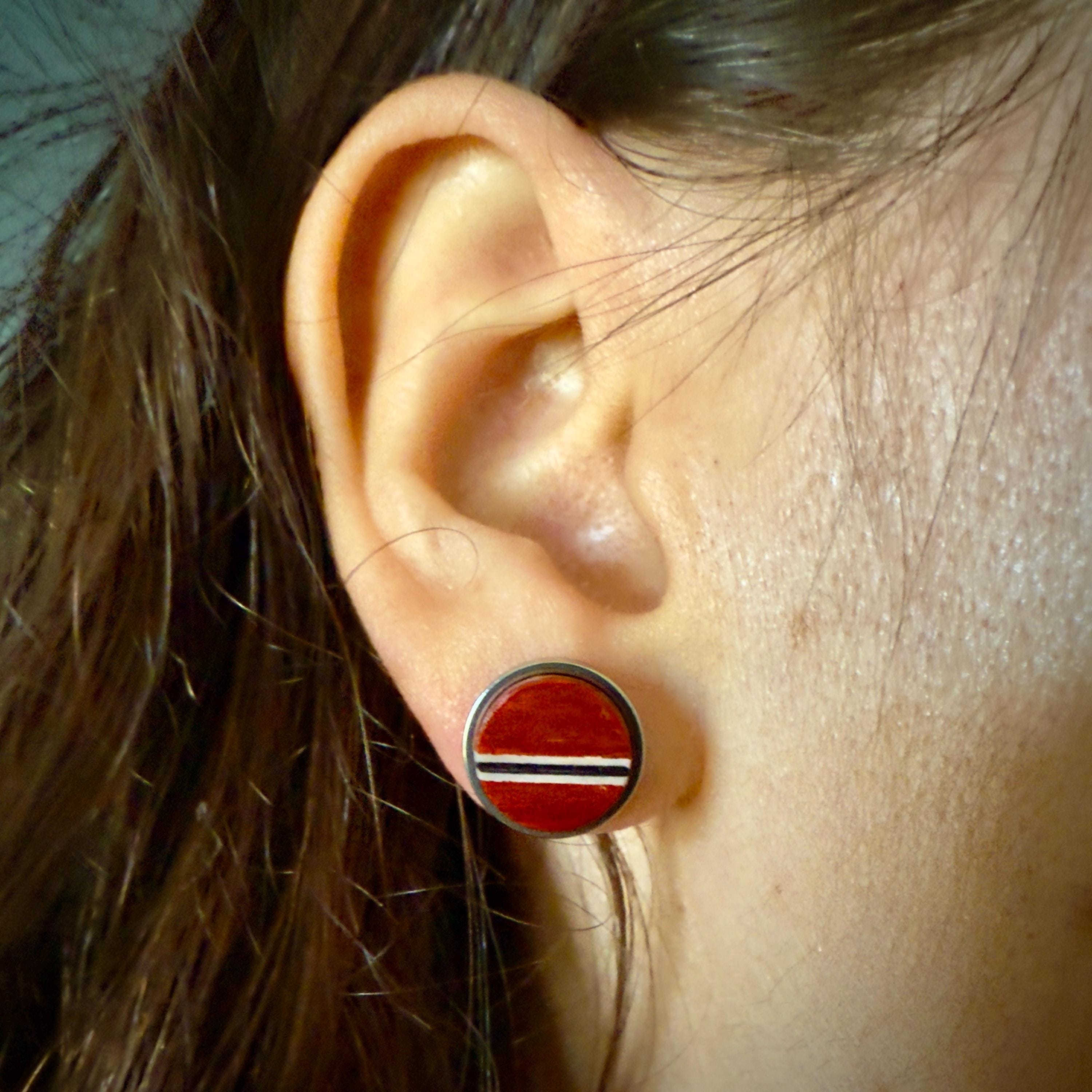 Handmade Padauk Earrings: wood Inlay, Wood Circle Studs