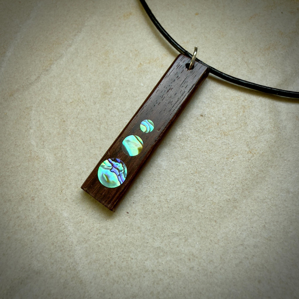 Macassar Ebony Necklace: Handmade Wood Pendant with Abalone Inlay