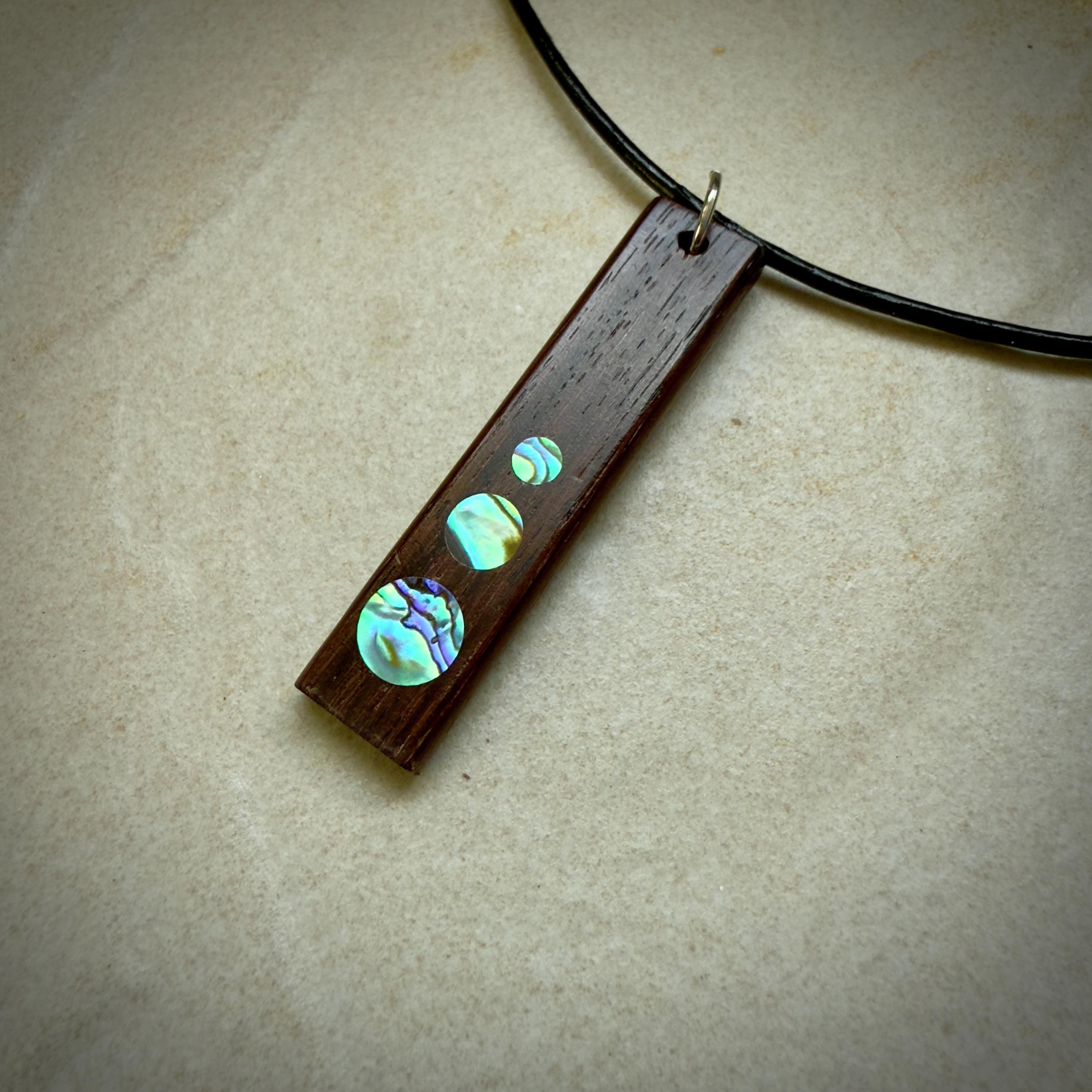 Macassar Ebony Necklace: Handmade Wood Pendant with Abalone Inlay