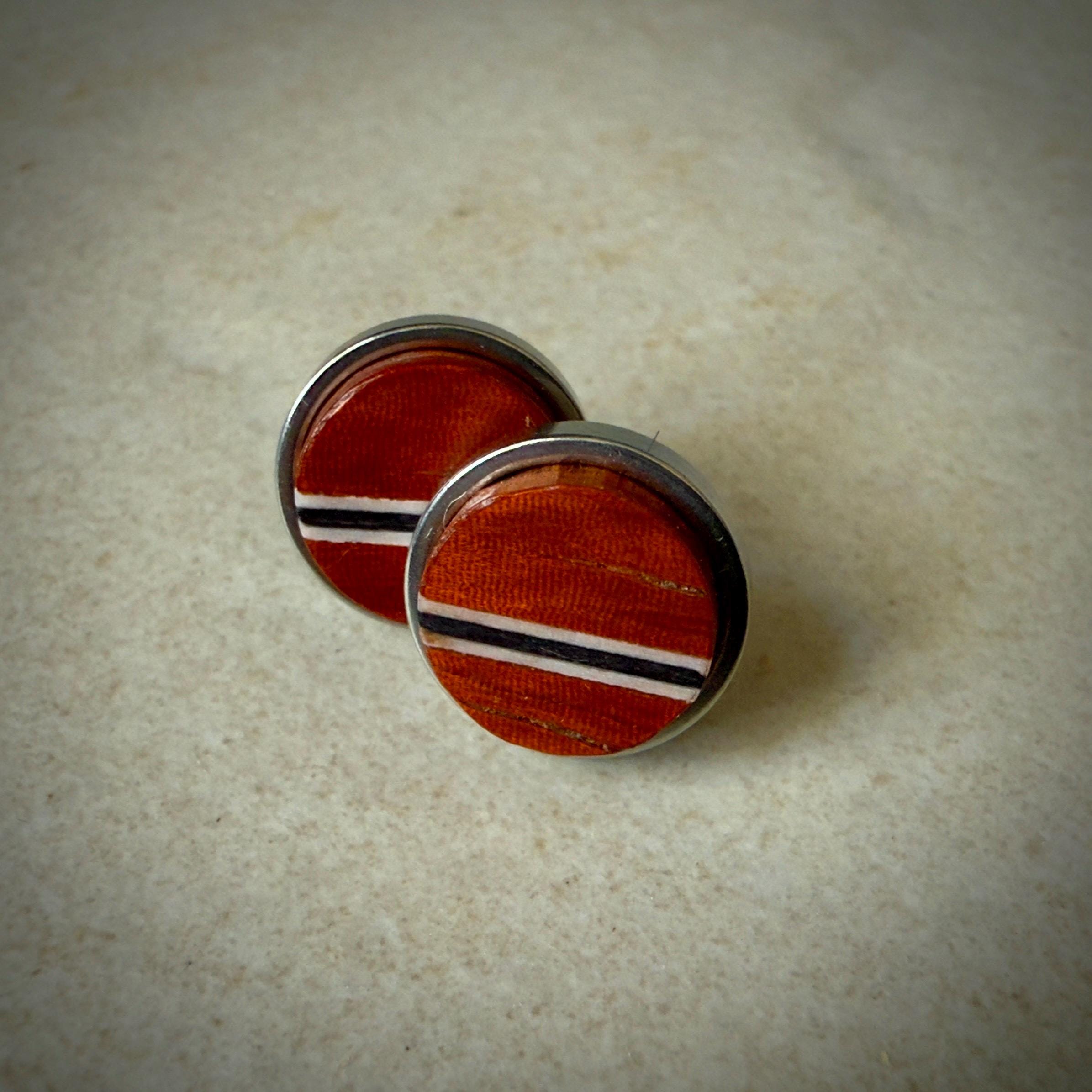 Handmade Padauk Earrings: wood Inlay, Wood Circle Studs