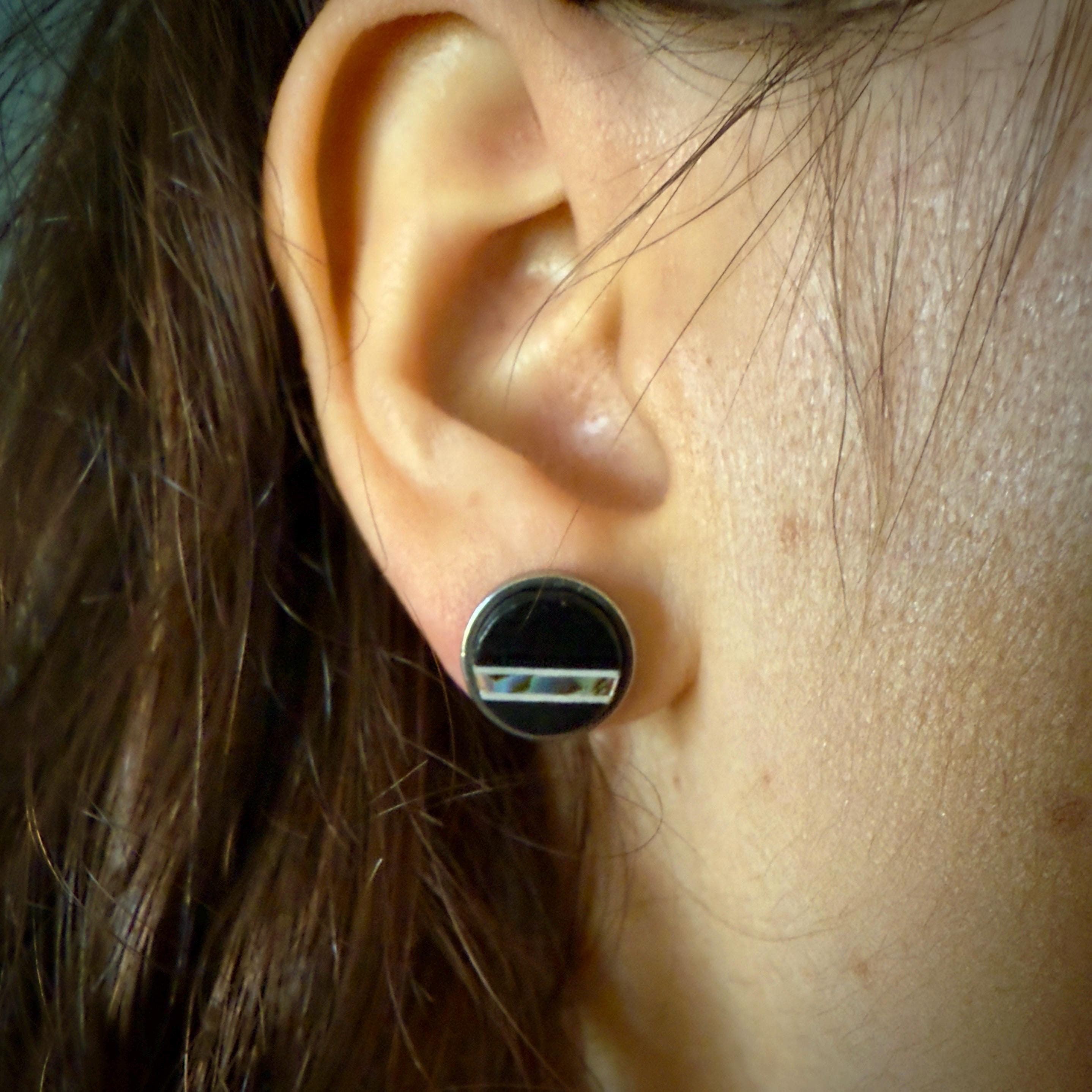 Handmade Ebony Earrings: Abalone Inlay, Wood Circle Studs