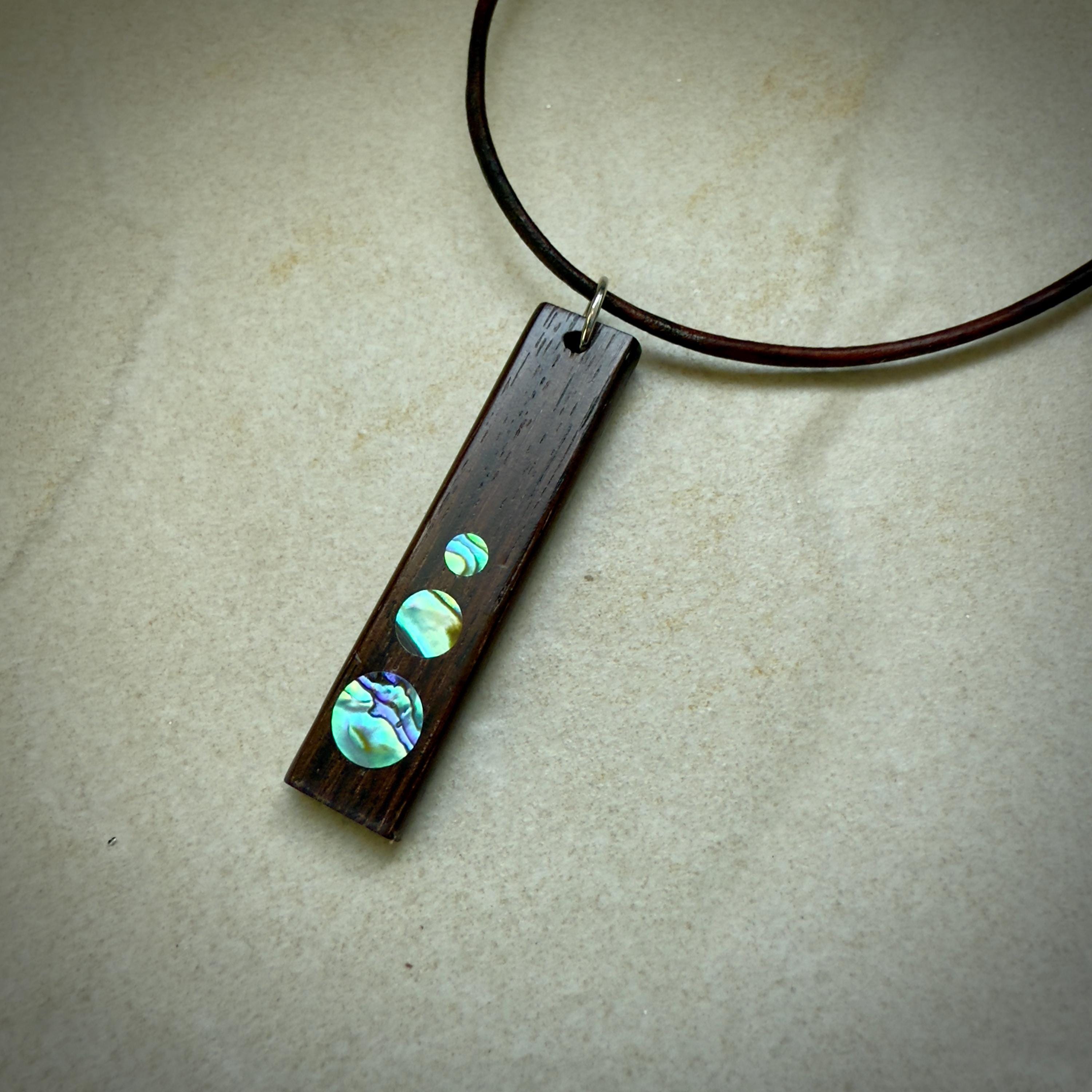 Macassar Ebony Necklace: Handmade Wood Pendant with Abalone Inlay