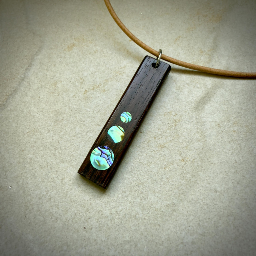 Macassar Ebony Necklace: Handmade Wood Pendant with Abalone Inlay