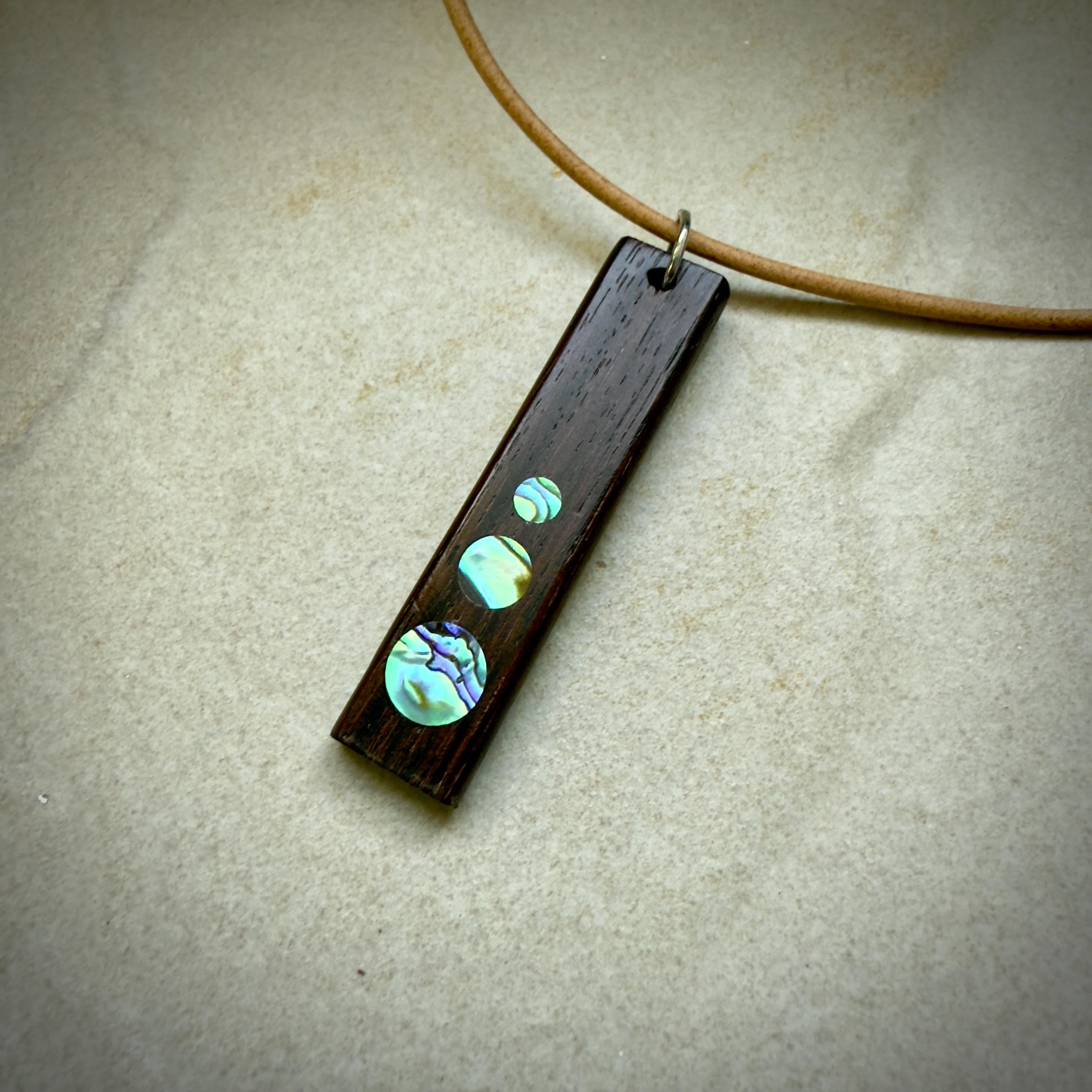 Macassar Ebony Necklace: Handmade Wood Pendant with Abalone Inlay