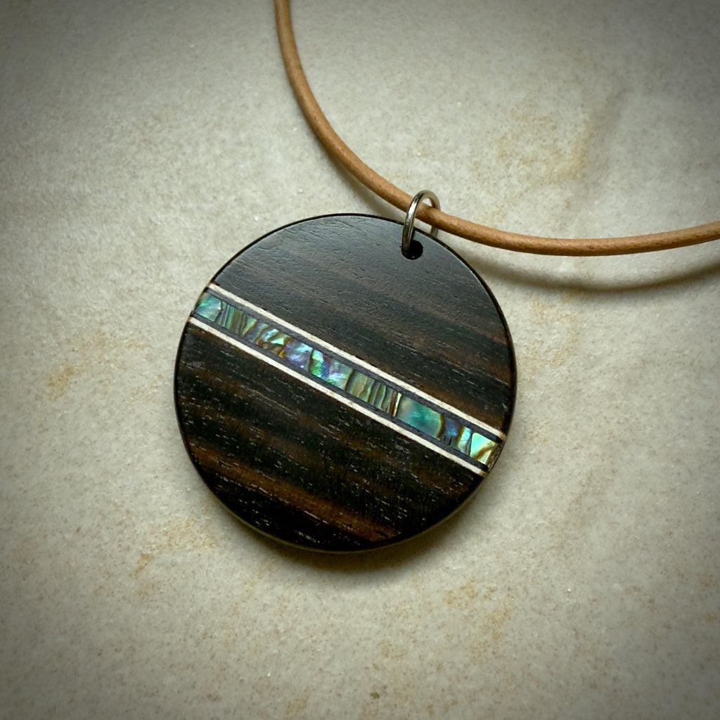 Macassar Ebony Wood Pendant: Handmade Abalone Inlay Necklace