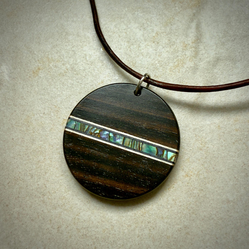 Macassar Ebony Wood Pendant: Handmade Abalone Inlay Necklace
