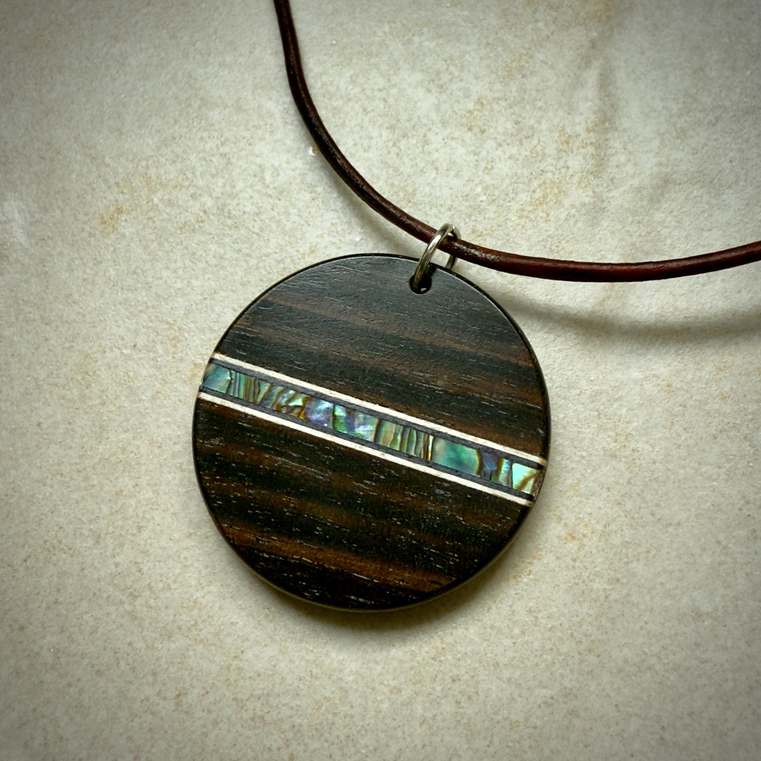Macassar Ebony Wood Pendant: Handmade Abalone Inlay Necklace
