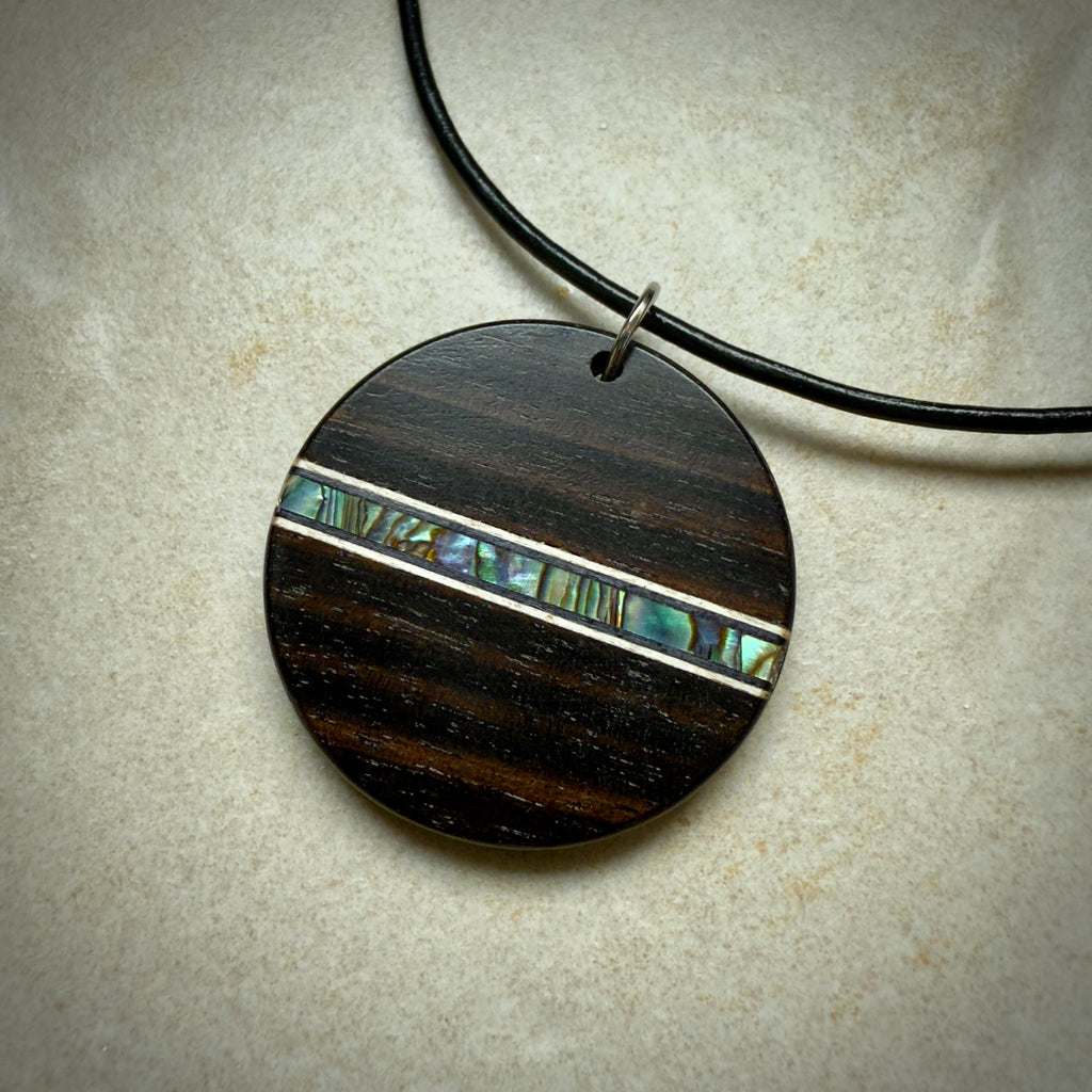 Macassar Ebony Wood Pendant: Handmade Abalone Inlay Necklace