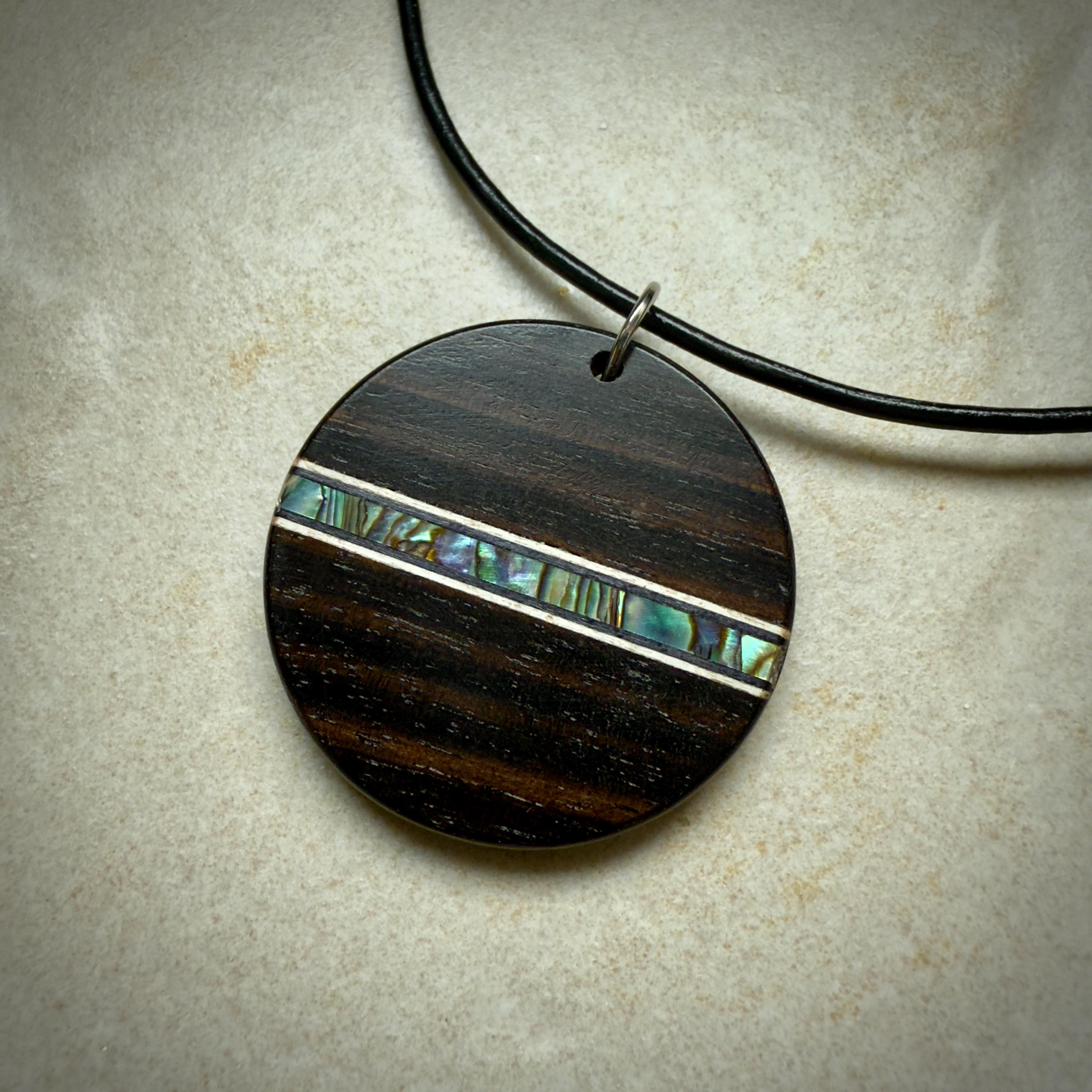 Macassar Ebony Wood Pendant: Handmade Abalone Inlay Necklace