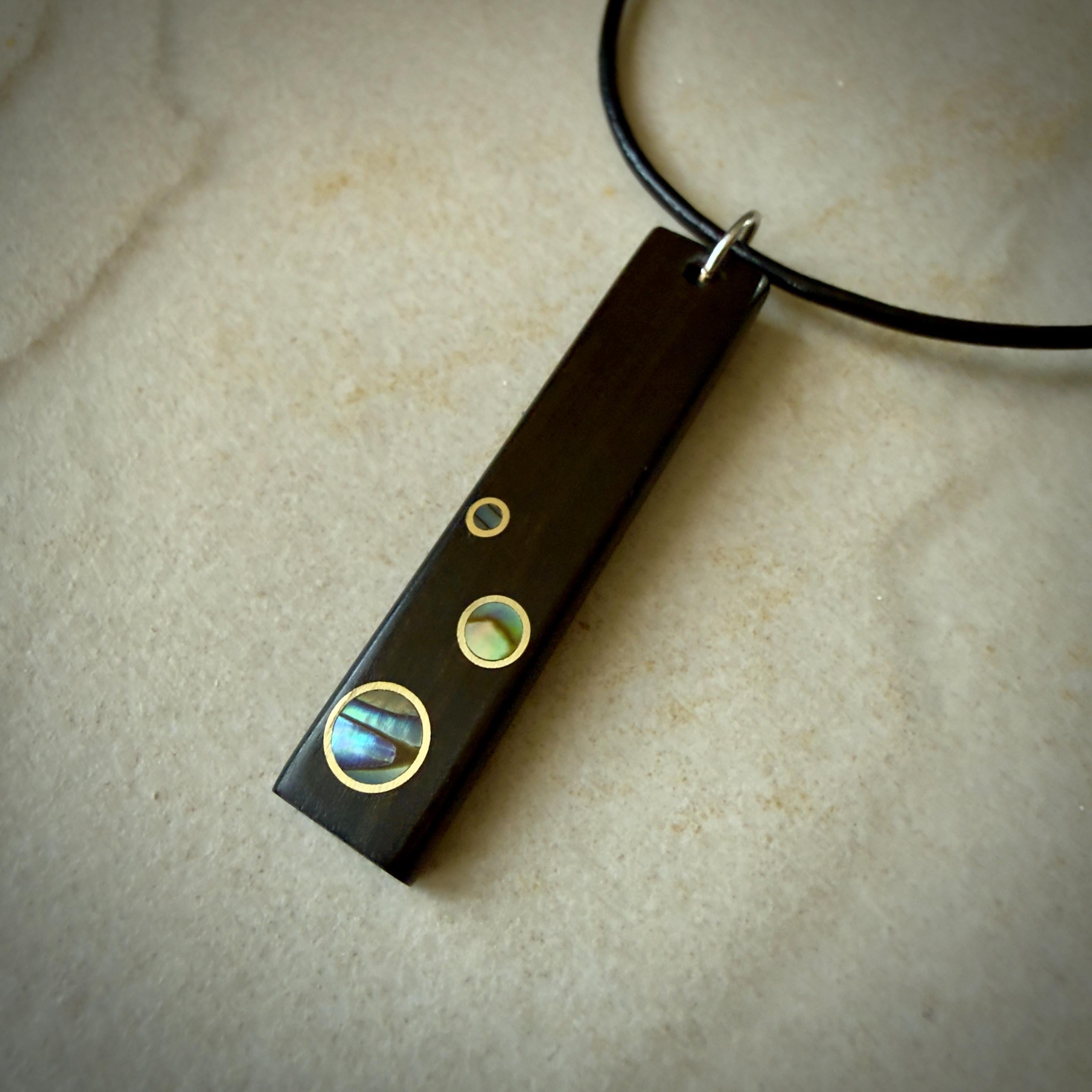 Macassar and Brass Ebony Necklace: Handmade Wood Pendant with Abalone & Brass Inlay