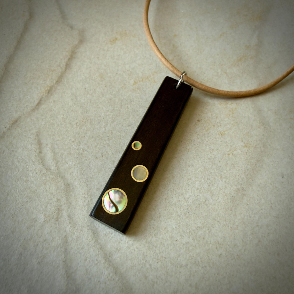 Macassar and Brass Ebony Necklace: Handmade Wood Pendant with Abalone & Brass Inlay