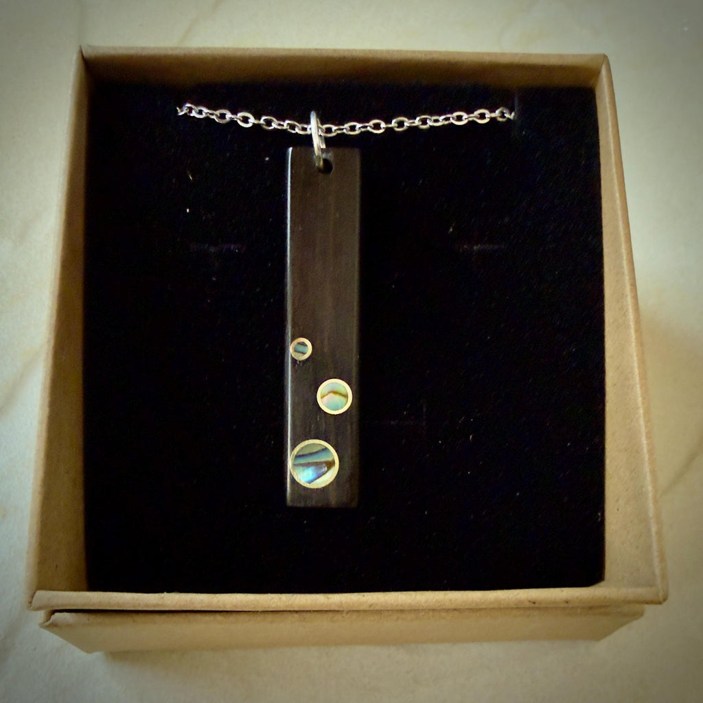 Macassar and Brass Ebony Necklace: Handmade Wood Pendant with Abalone & Brass Inlay