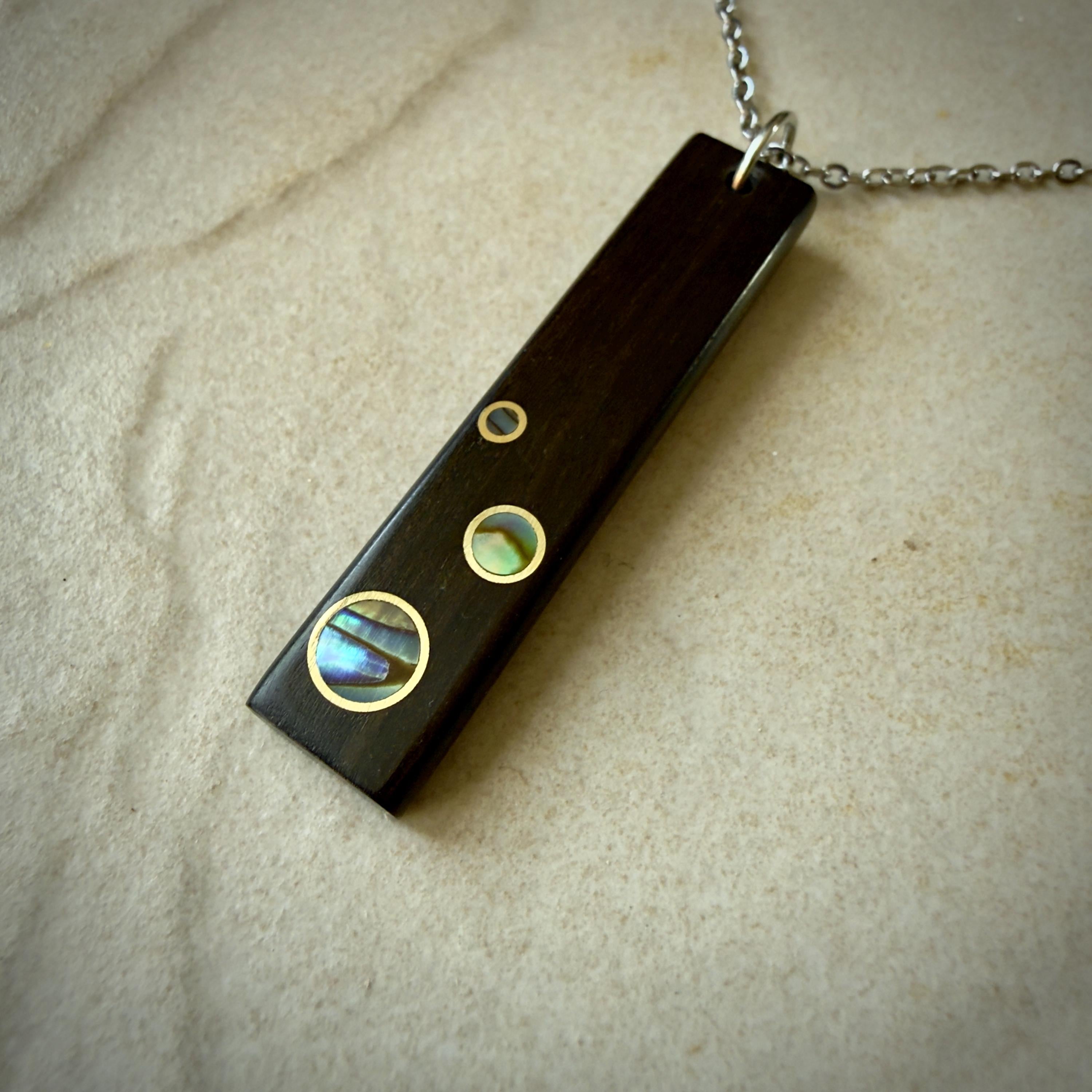 Macassar and Brass Ebony Necklace: Handmade Wood Pendant with Abalone & Brass Inlay