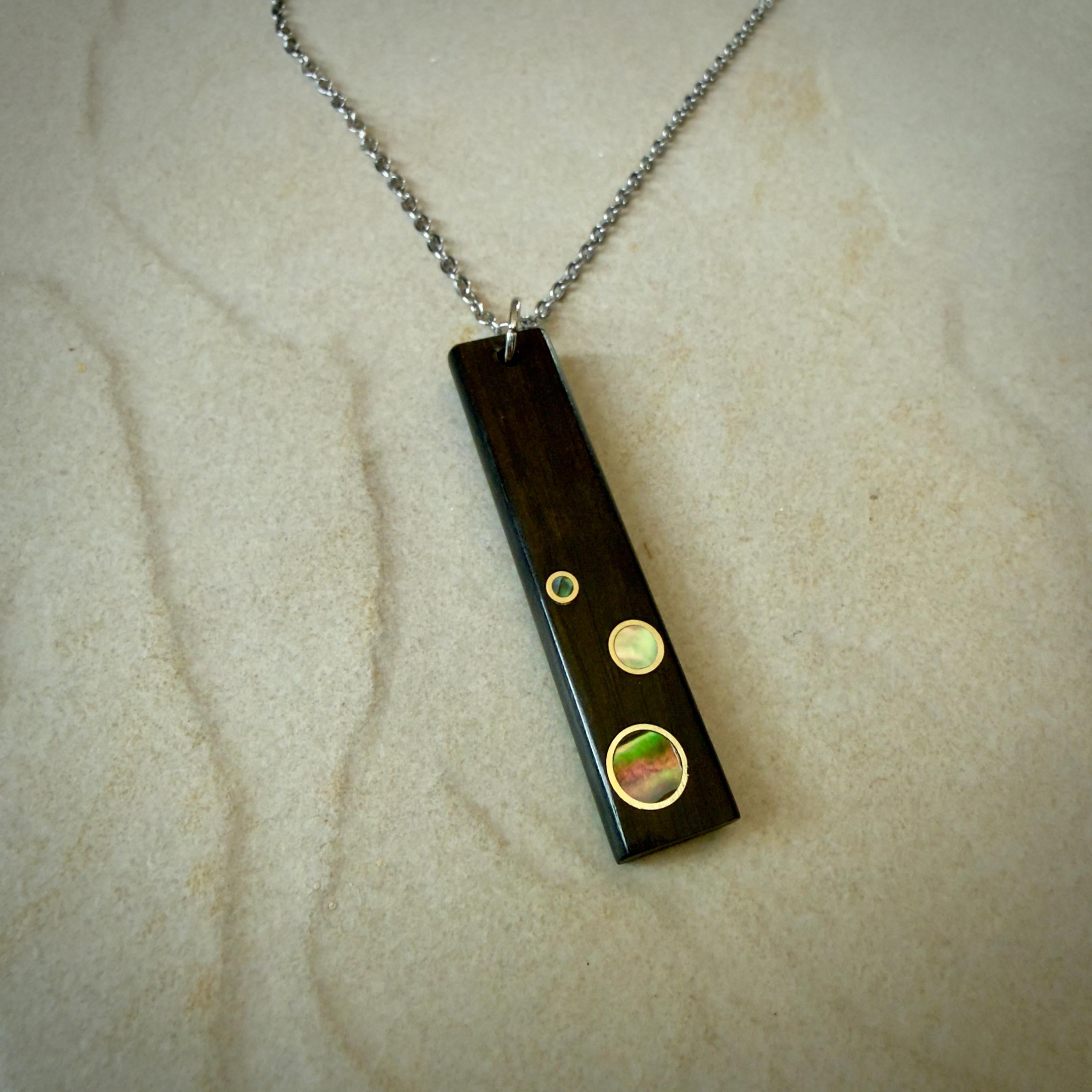 Macassar and Brass Ebony Necklace: Handmade Wood Pendant with Abalone & Brass Inlay