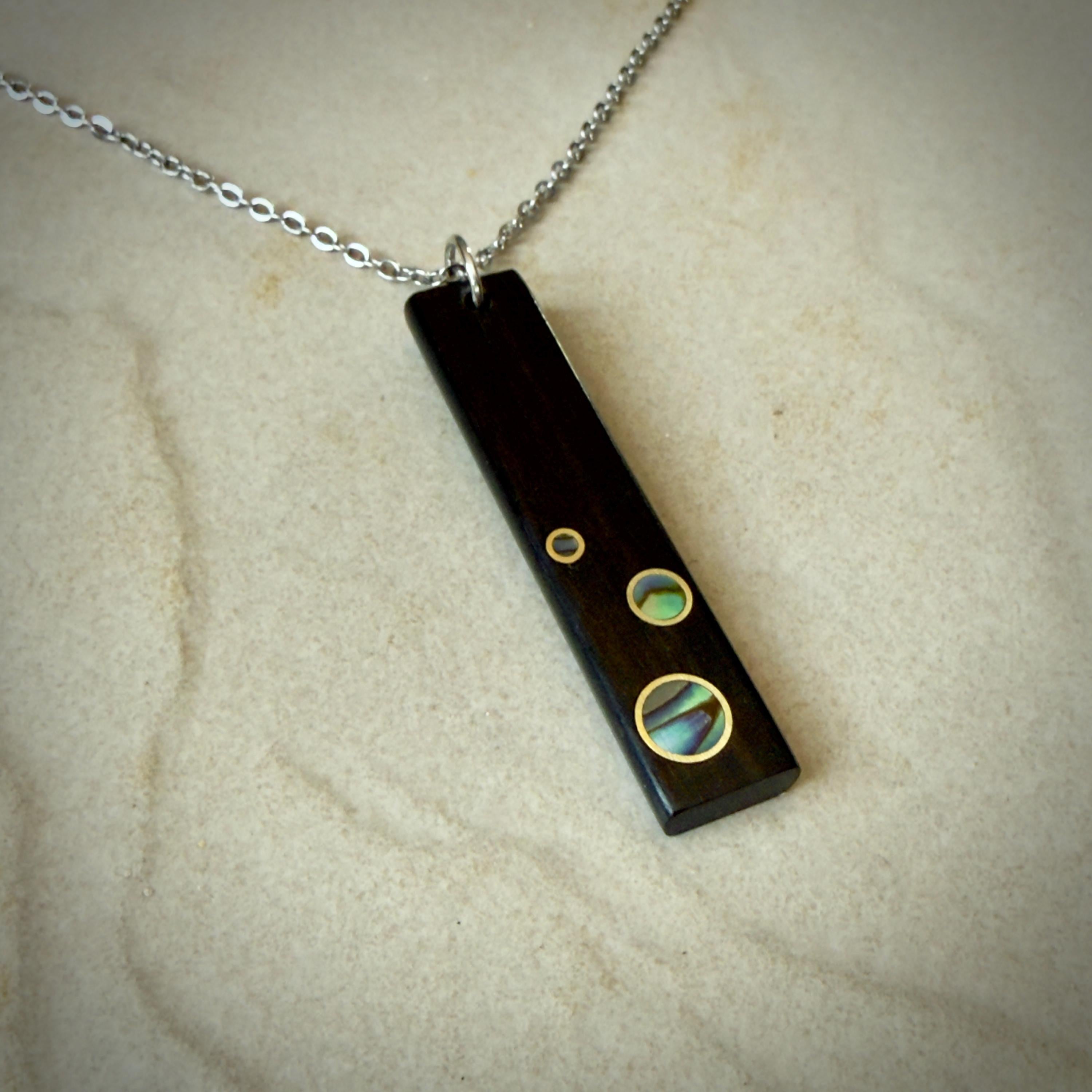 Macassar and Brass Ebony Necklace: Handmade Wood Pendant with Abalone & Brass Inlay