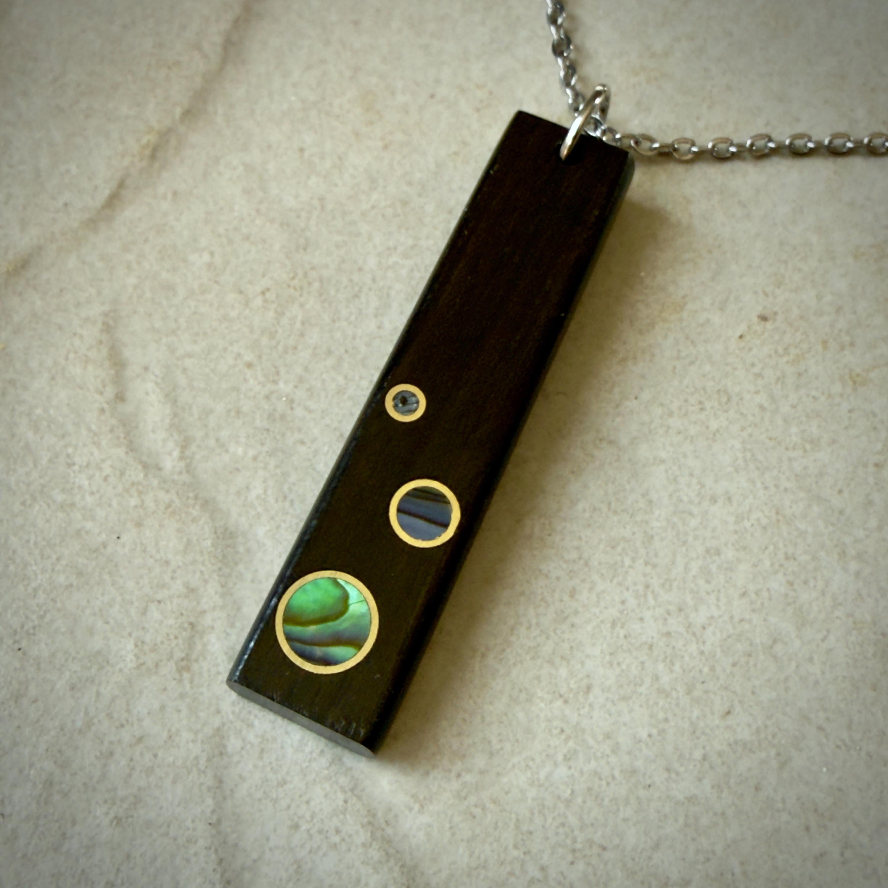 Macassar and Brass Ebony Necklace: Handmade Wood Pendant with Abalone & Brass Inlay