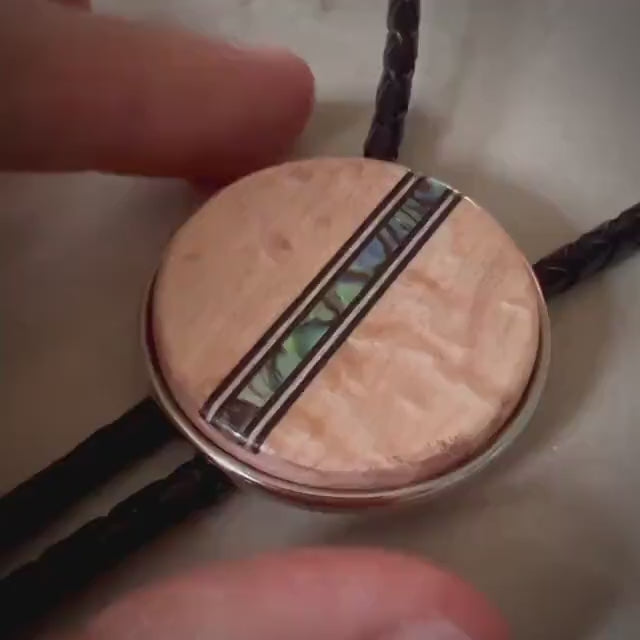 Handmade Maple Wood Bolo Tie: Abalone Inlay, Leather Cord, FSC Sustainable Woods