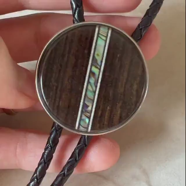 Handmade Macassar Ebony Bolo Tie: Abalone Inlay, Leather Cord, Responsible sourced Woods