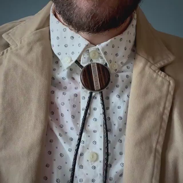 Macassar Ebony Wood Bolo Tie: Zig Zag Inlay, Leather Cord, FSC Sustainable Woods